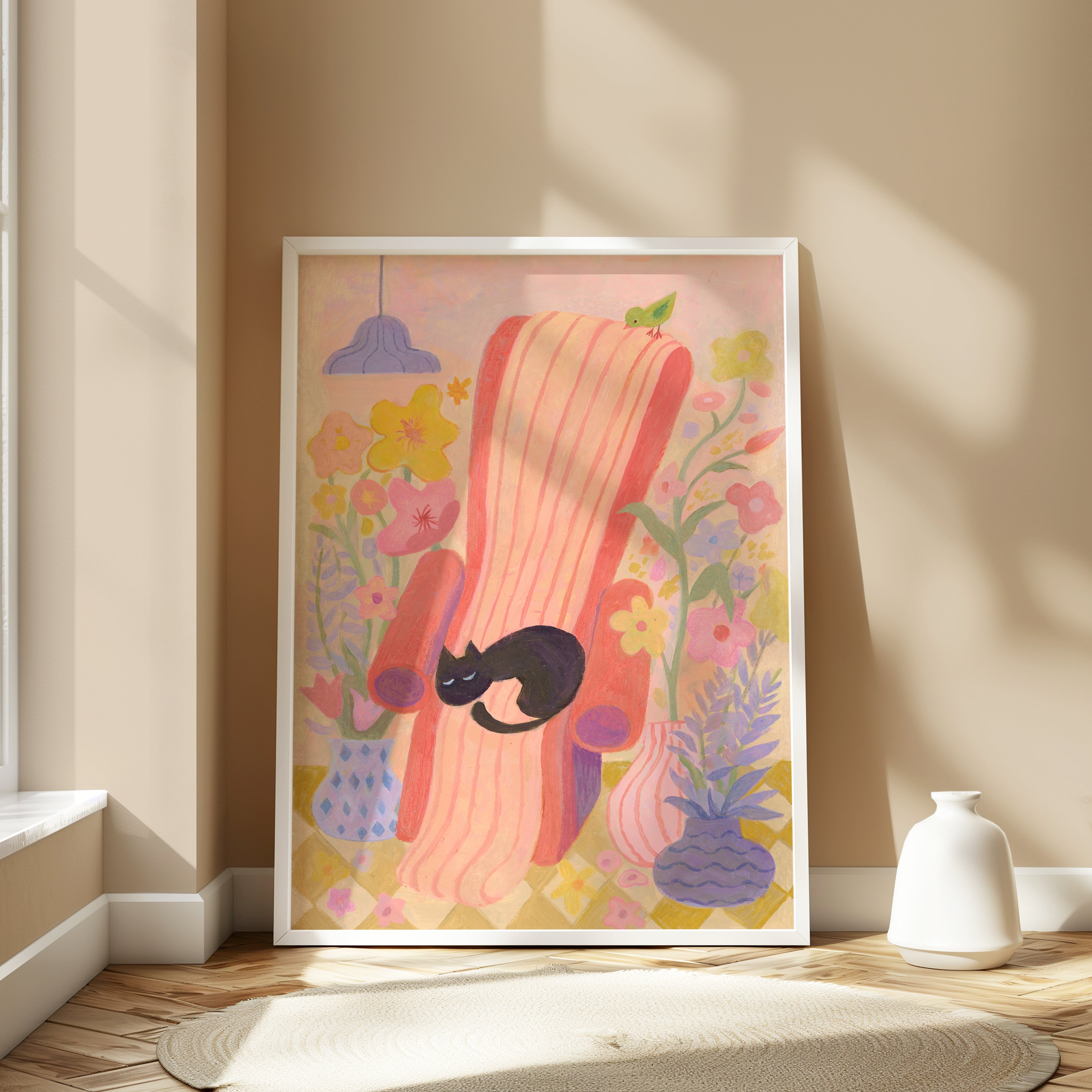 Dreaming in Bloom | Black Cat Napping Art Print | Cosy Floral Wall Art