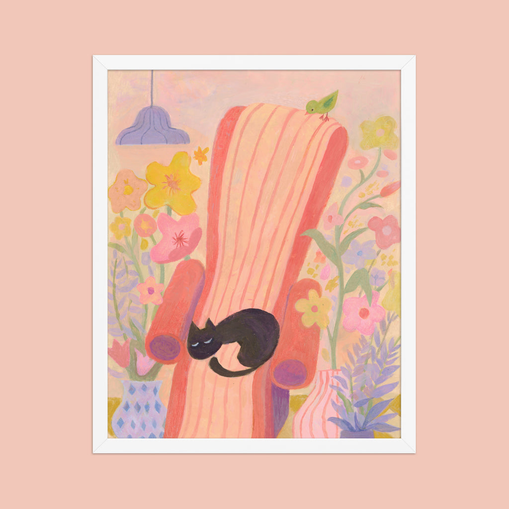 Dreaming in Bloom | Black Cat Napping Art Print | Cosy Floral Wall Art
