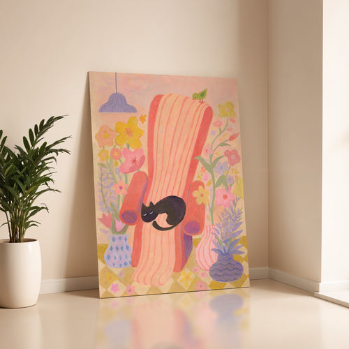 Dreaming in Bloom | Black Cat Napping Art Print | Cosy Floral Wall Art