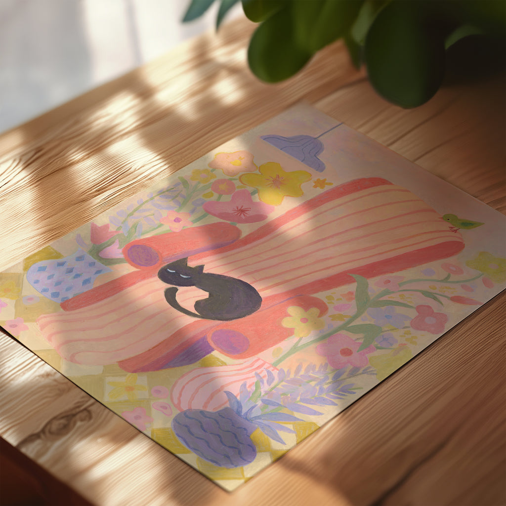 Dreaming in Bloom | Black Cat Napping Art Print | Cosy Floral Wall Art
