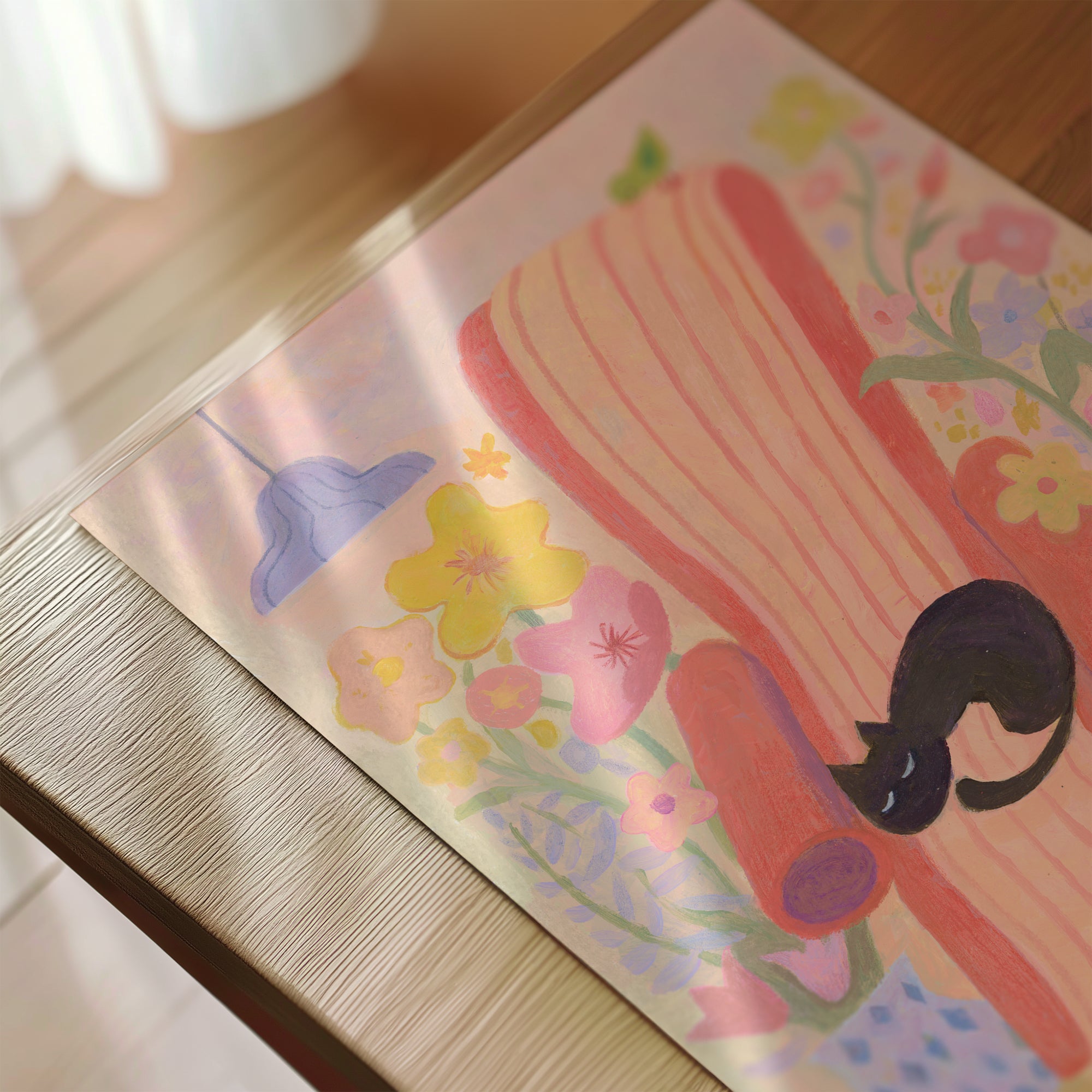 Dreaming in Bloom | Black Cat Napping Art Print | Cosy Floral Wall Art