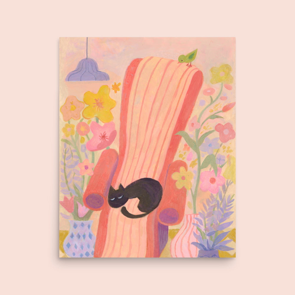 Dreaming in Bloom | Black Cat Napping Art Print | Cosy Floral Wall Art