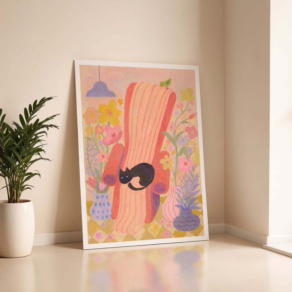 Dreaming in Bloom | Black Cat Napping Art Print | Cosy Floral Wall Art