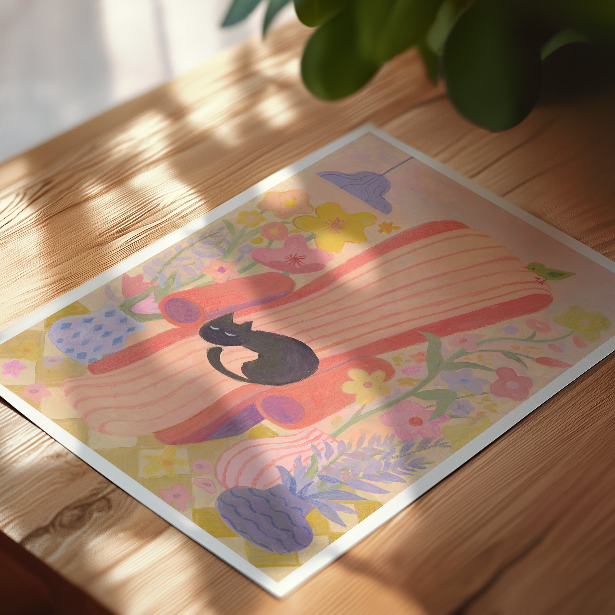 Dreaming in Bloom | Black Cat Napping Art Print | Cosy Floral Wall Art