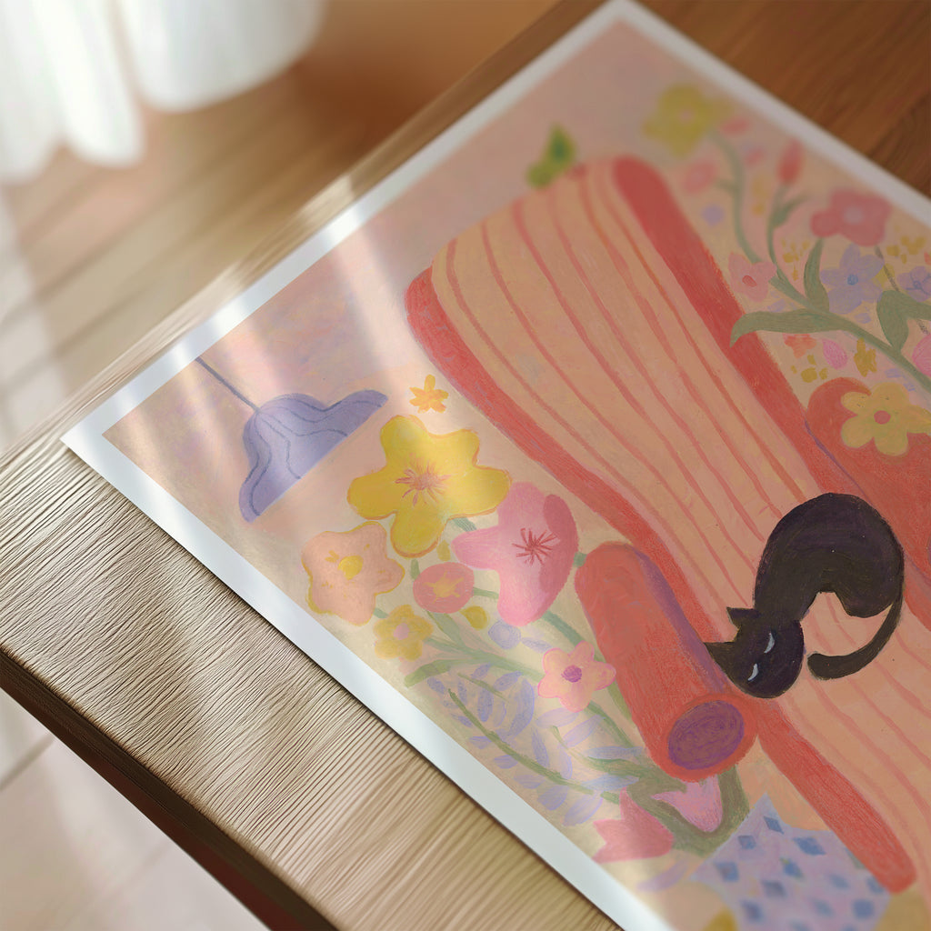 Dreaming in Bloom | Black Cat Napping Art Print | Cosy Floral Wall Art