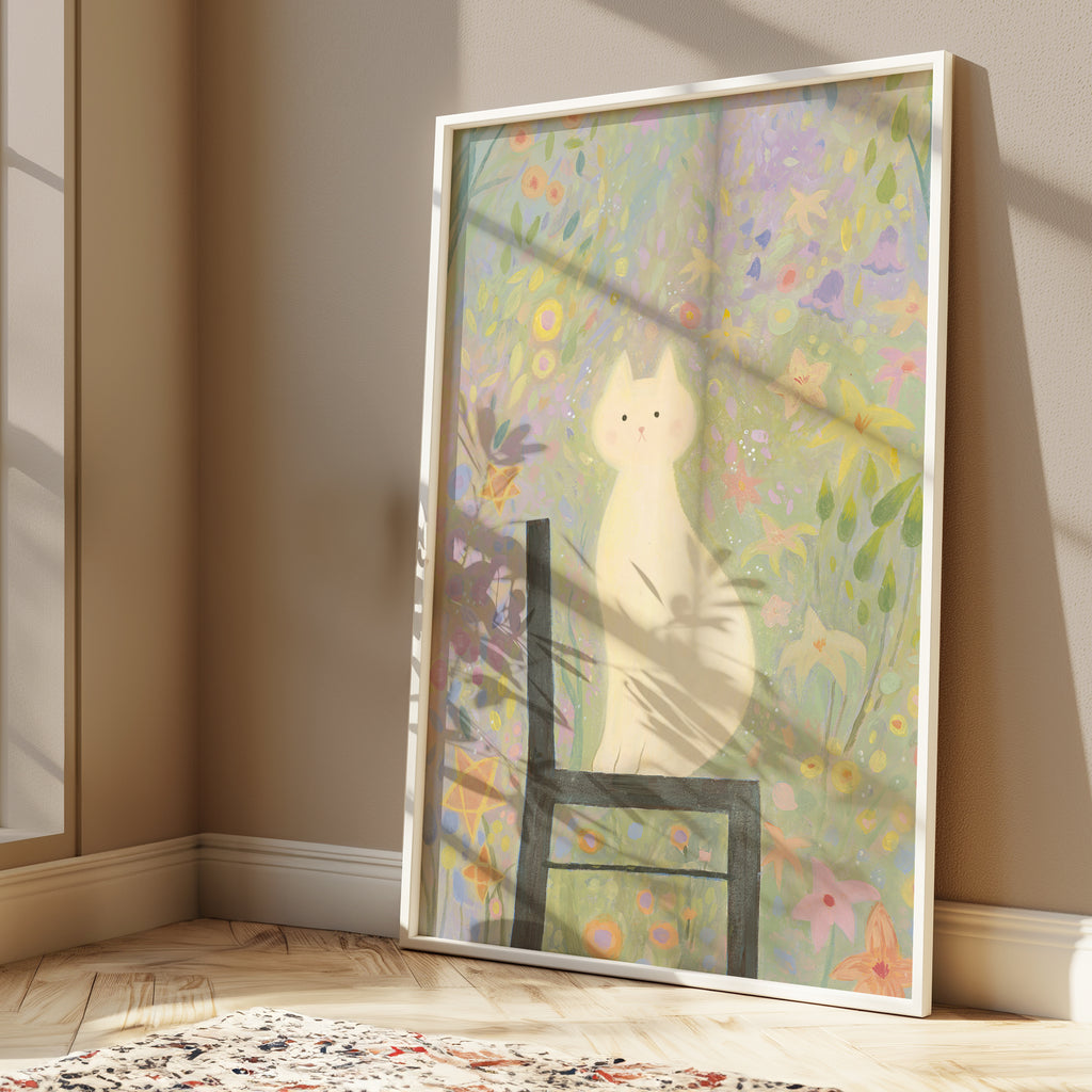 White Cat in the Garden | Dreamy Floral Wall Art