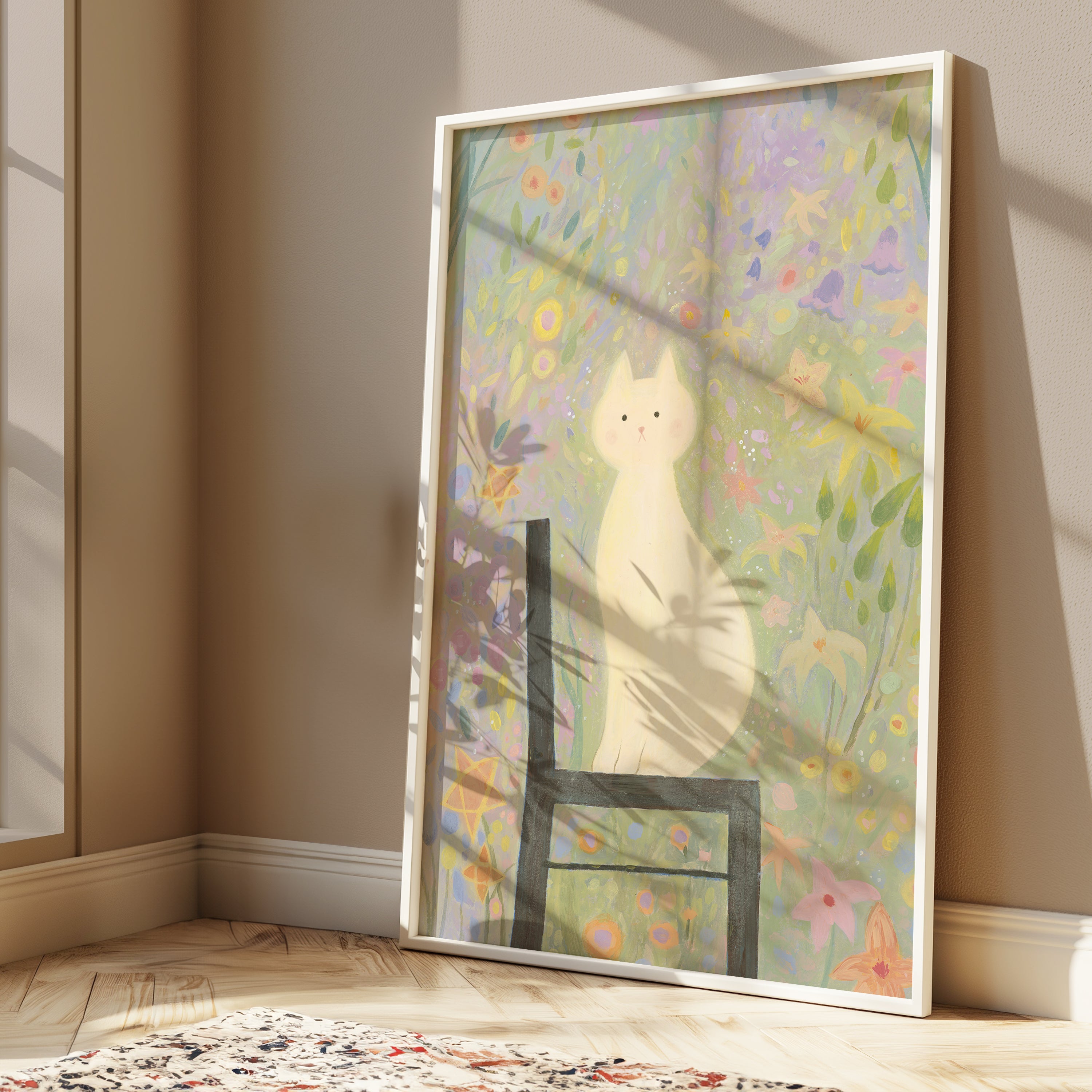 White Cat in the Garden | Dreamy Floral Wall Art