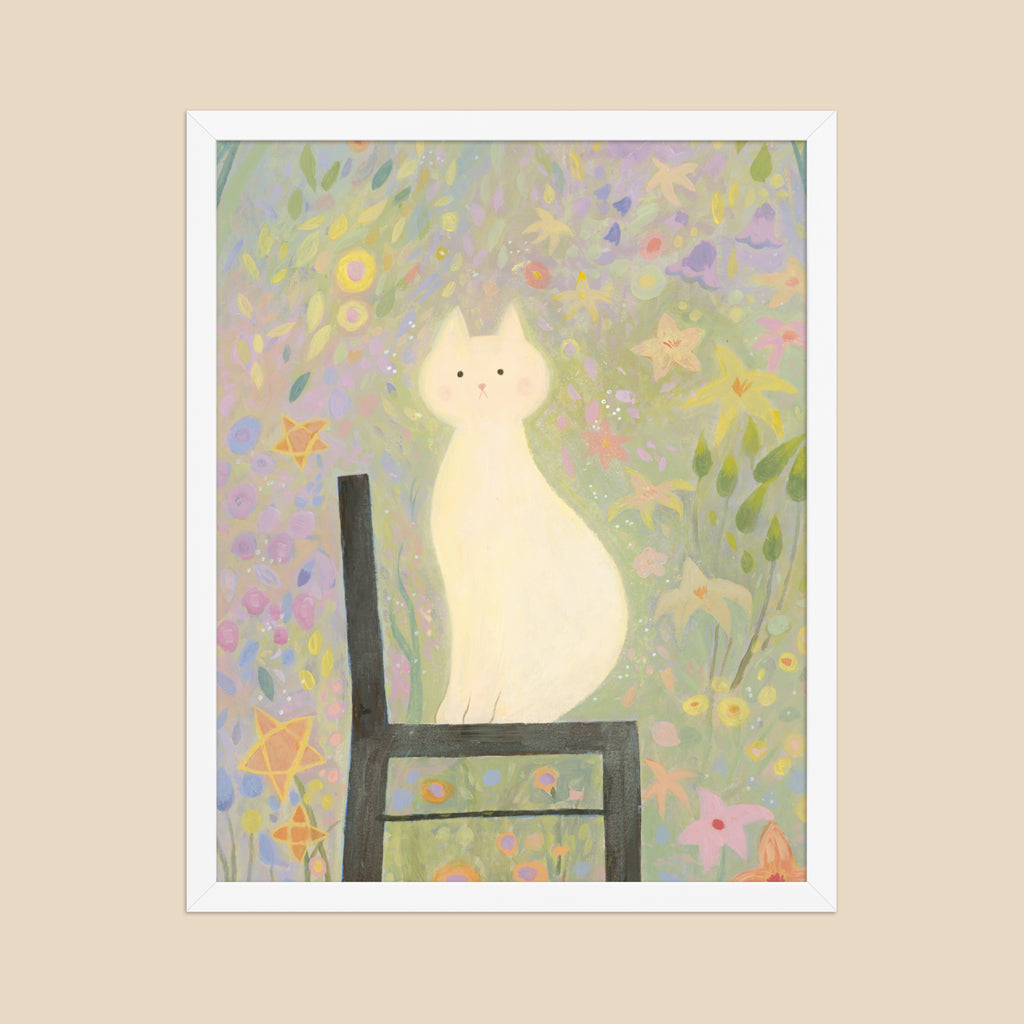 White Cat in the Garden | Dreamy Floral Wall Art