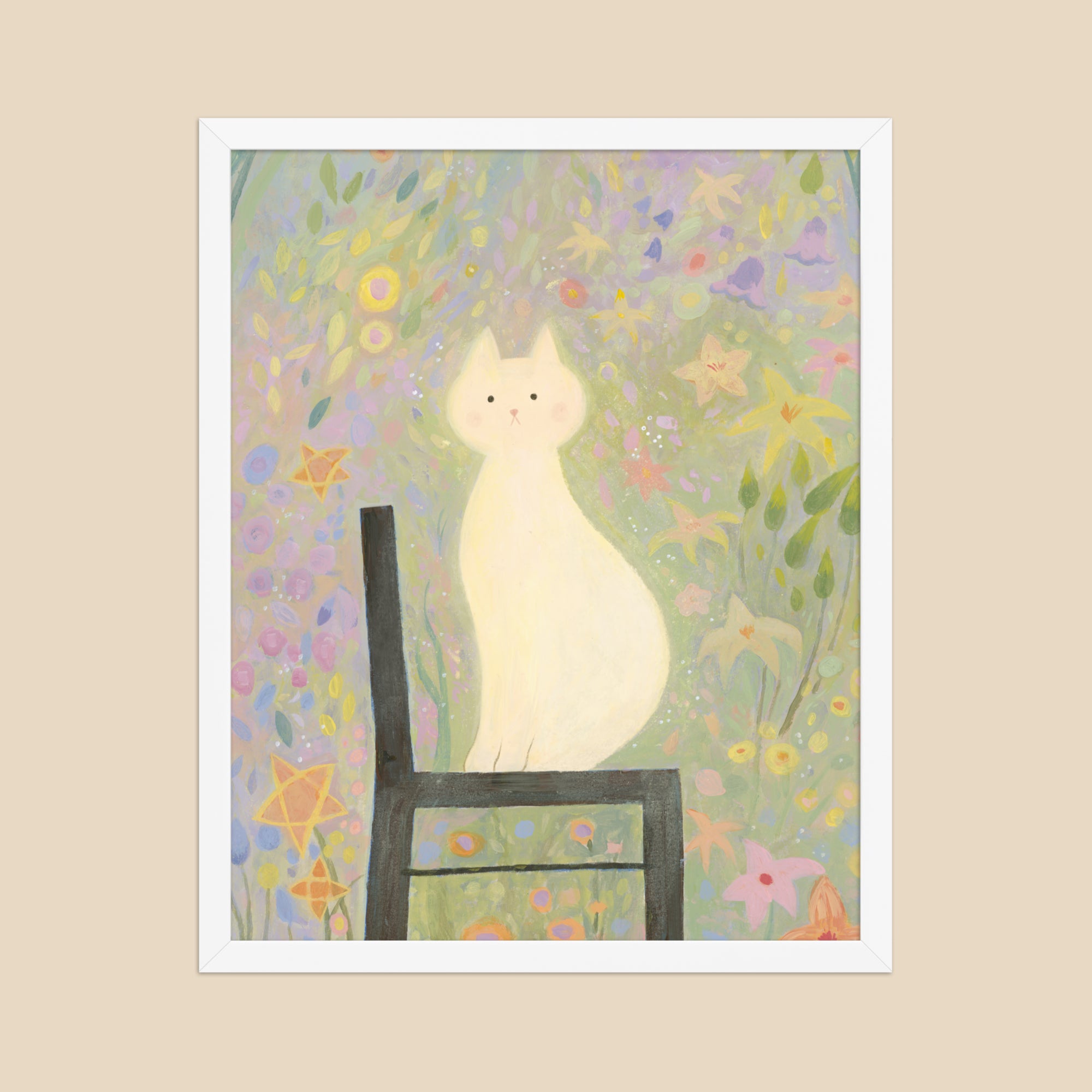 White Cat in the Garden | Dreamy Floral Wall Art