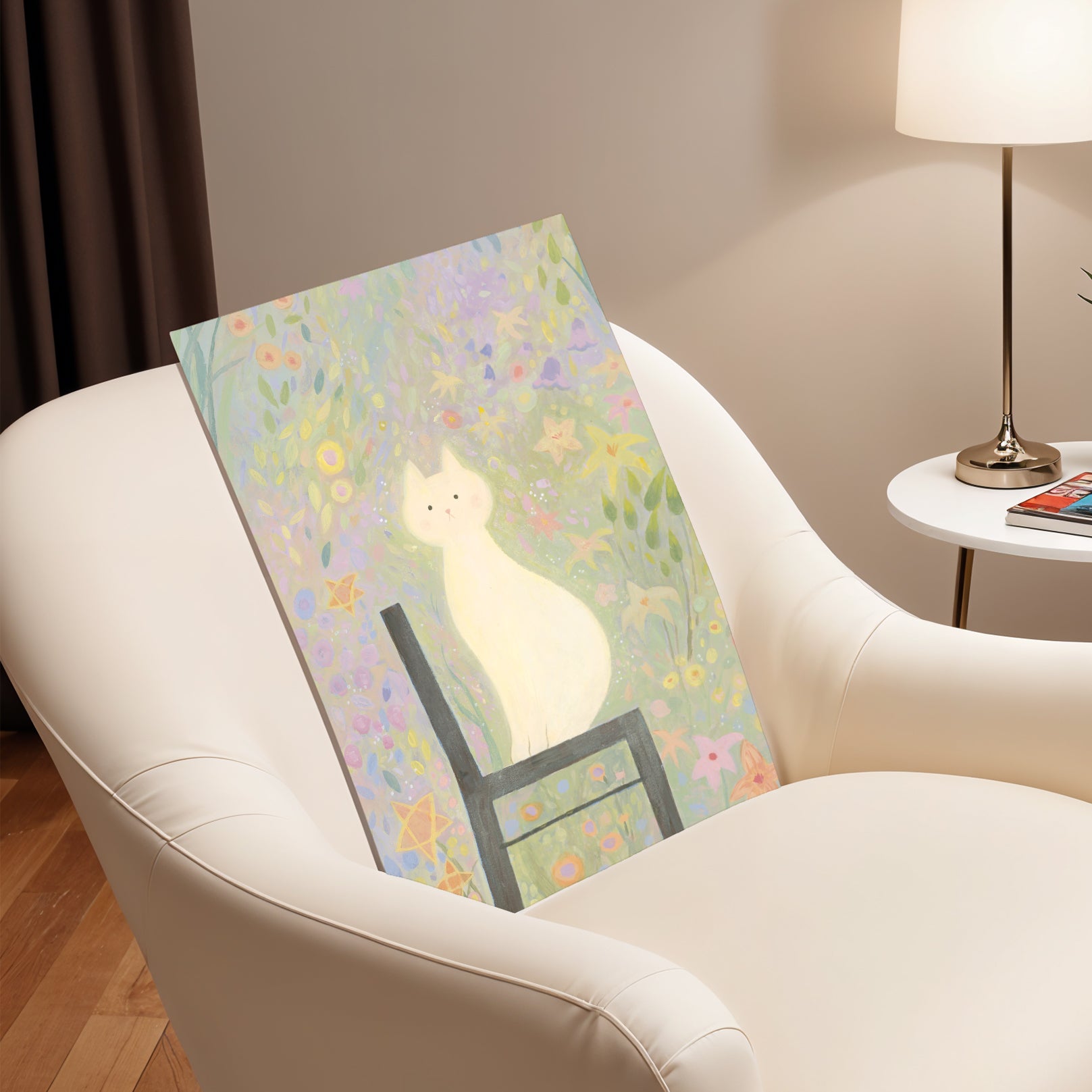 White Cat in the Garden | Dreamy Floral Wall Art