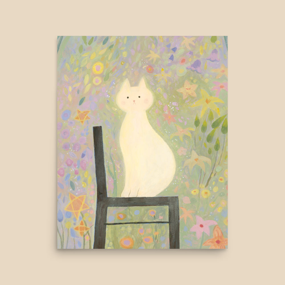 White Cat in the Garden | Dreamy Floral Wall Art