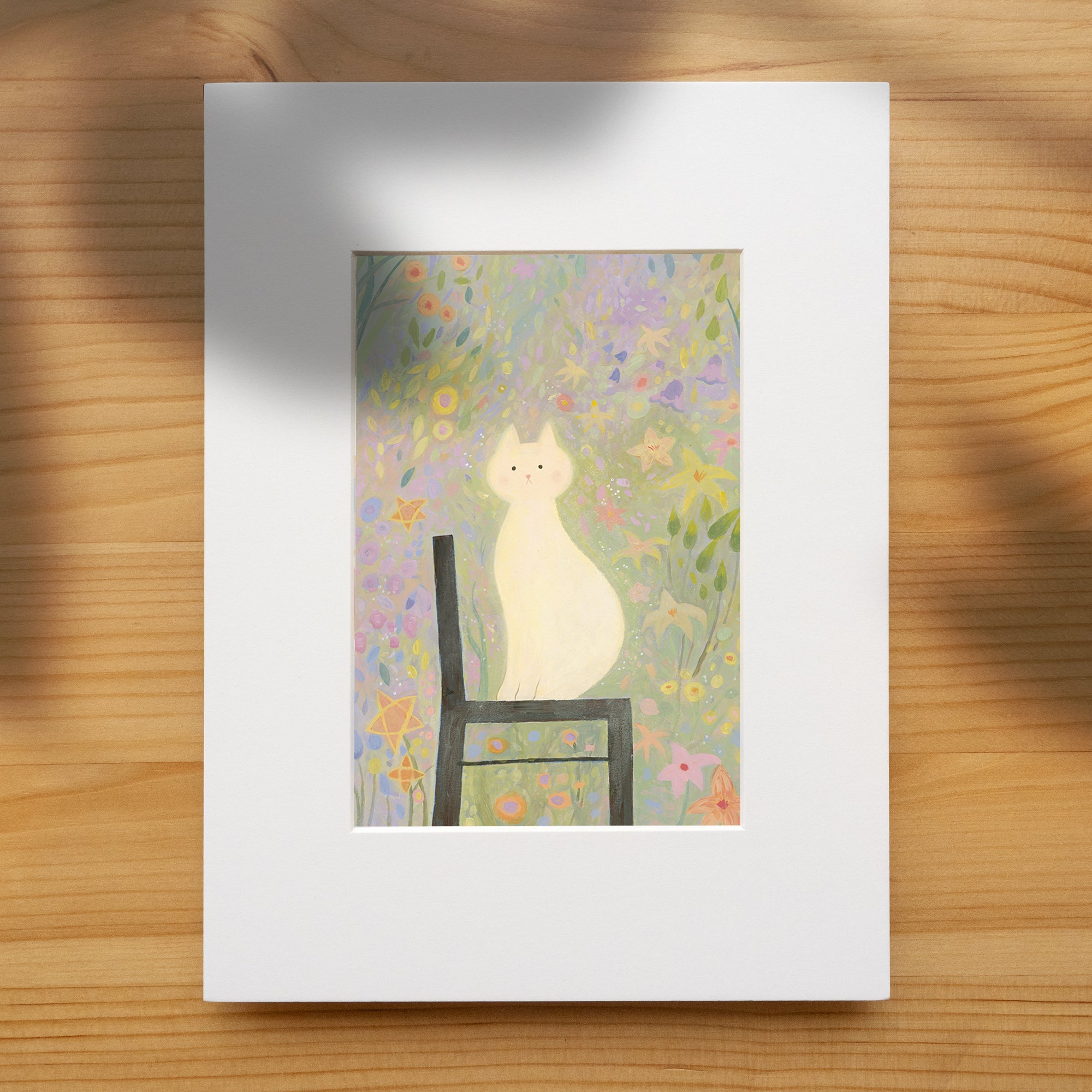 White Cat in the Garden | Dreamy Floral Wall Art