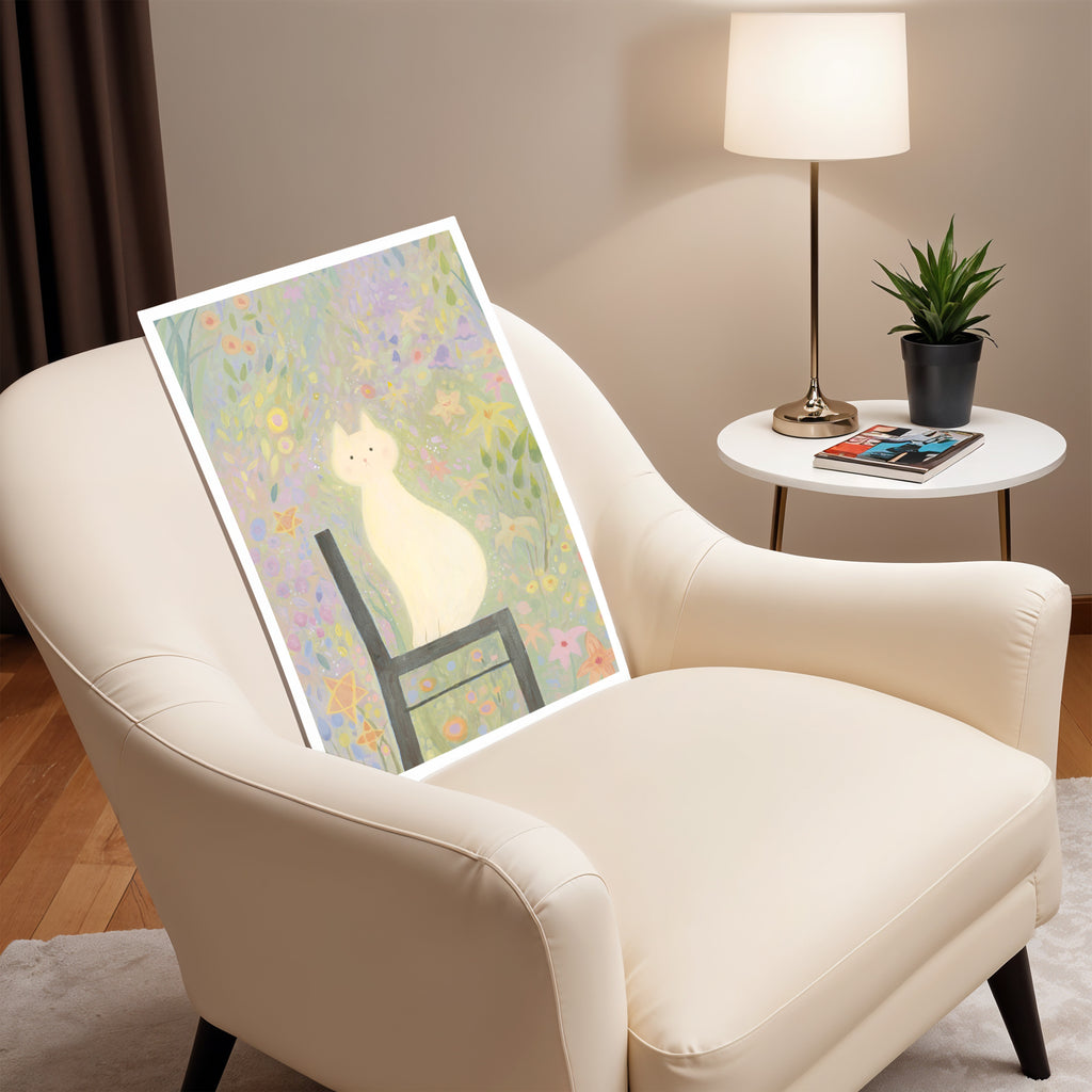 White Cat in the Garden | Dreamy Floral Wall Art