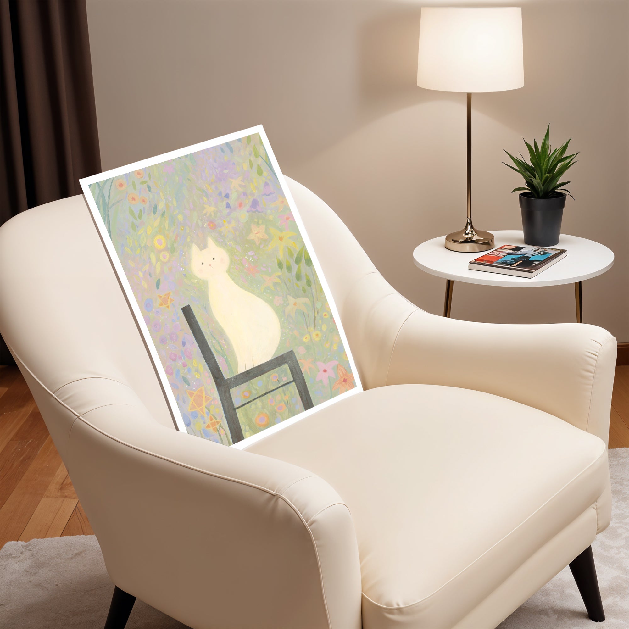 White Cat in the Garden | Dreamy Floral Wall Art