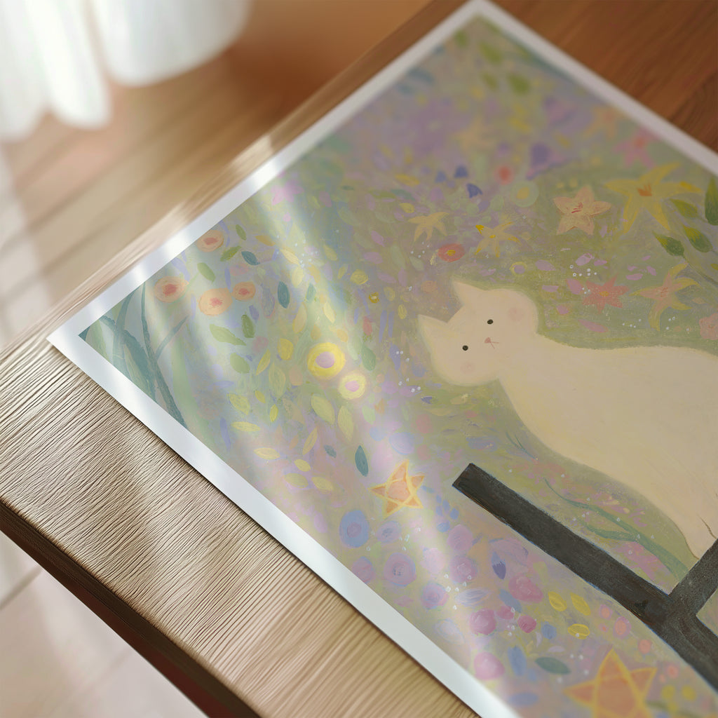 White Cat in the Garden | Dreamy Floral Wall Art