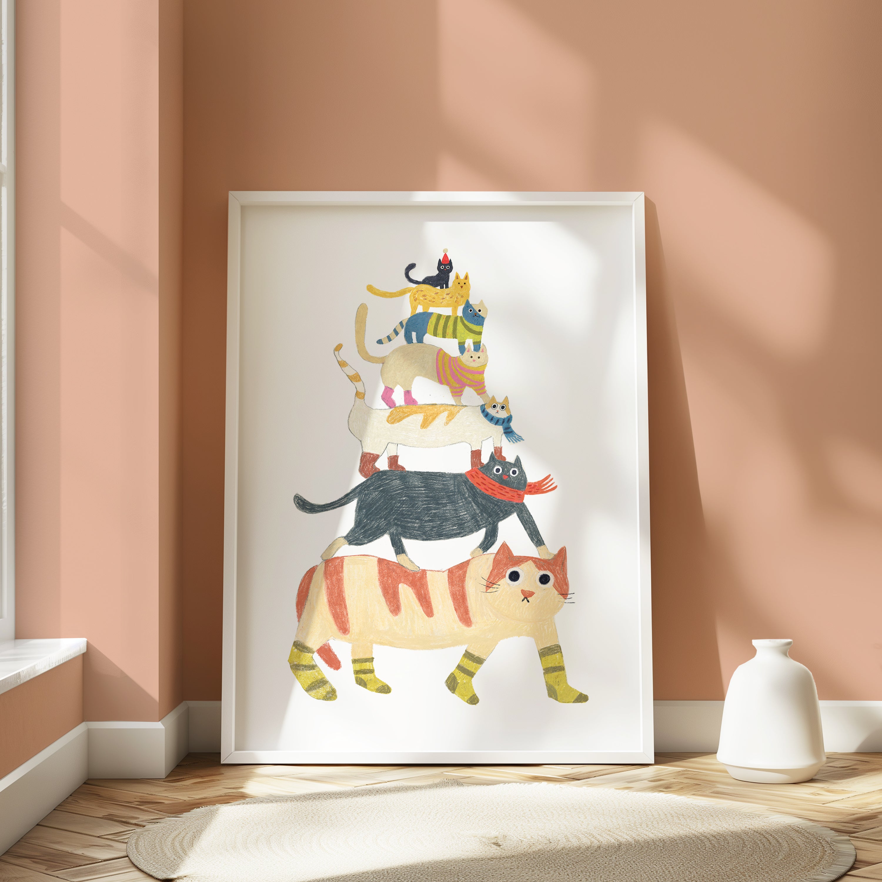 Cat Tower Illustration Print | Hand-Drawn Cozy Cat Wall Art