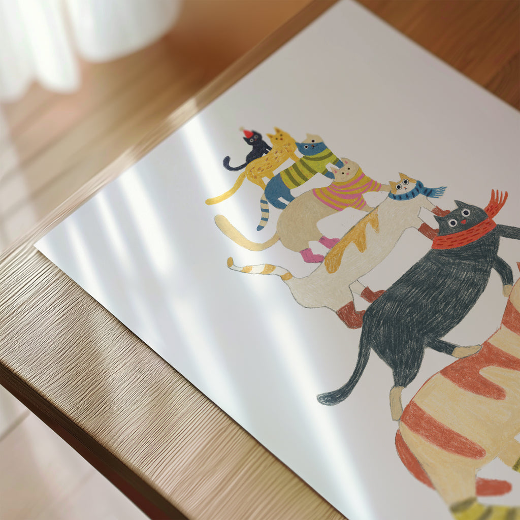 Cat Tower Illustration Print | Hand-Drawn Cozy Cat Wall Art