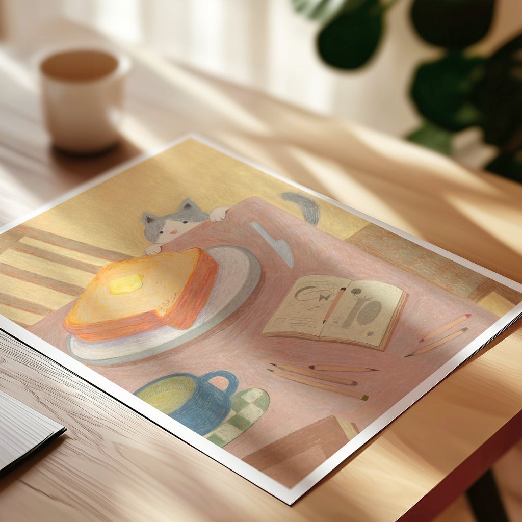 Curious Cat & Buttered Toast - Cozy Kitchen Art Print | Original Illustration