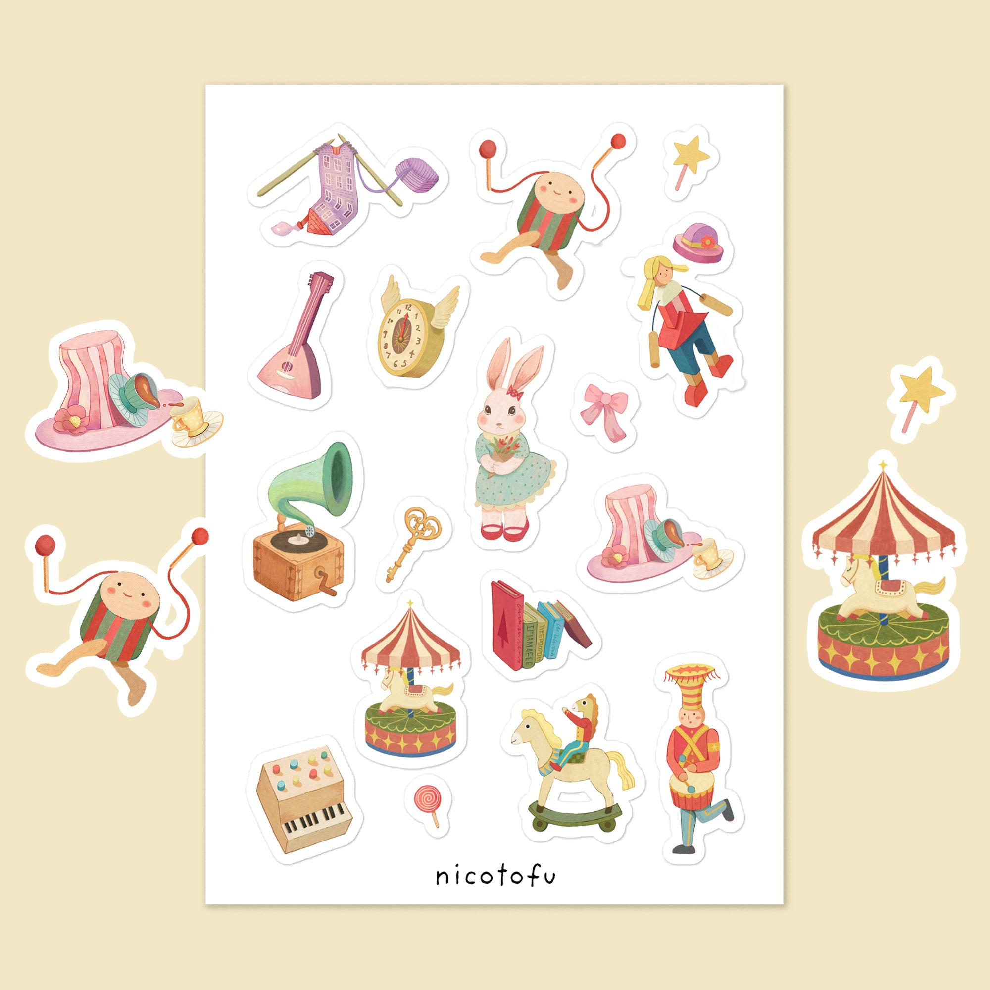Vintage Toy Shop Sticker Sheet | Circus & Fairytale Illustrated Stickers | Nostalgic Collectible