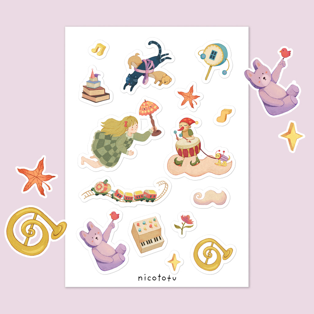 Toy Box Serenade Sticker Sheet | Whimsical Music & Fantasy Illustrated Stickers
