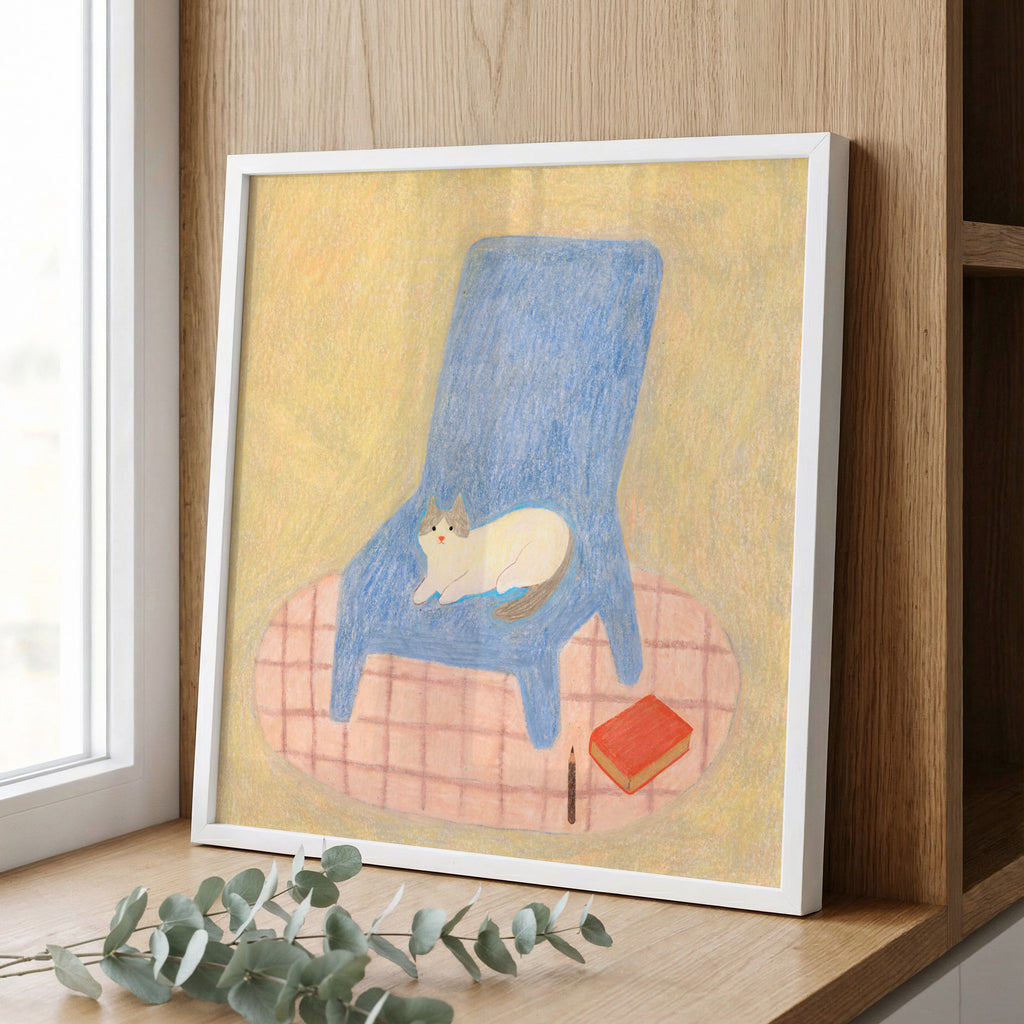 Cozy Cat on Blue Chair – Original Art Print | Australian Artist