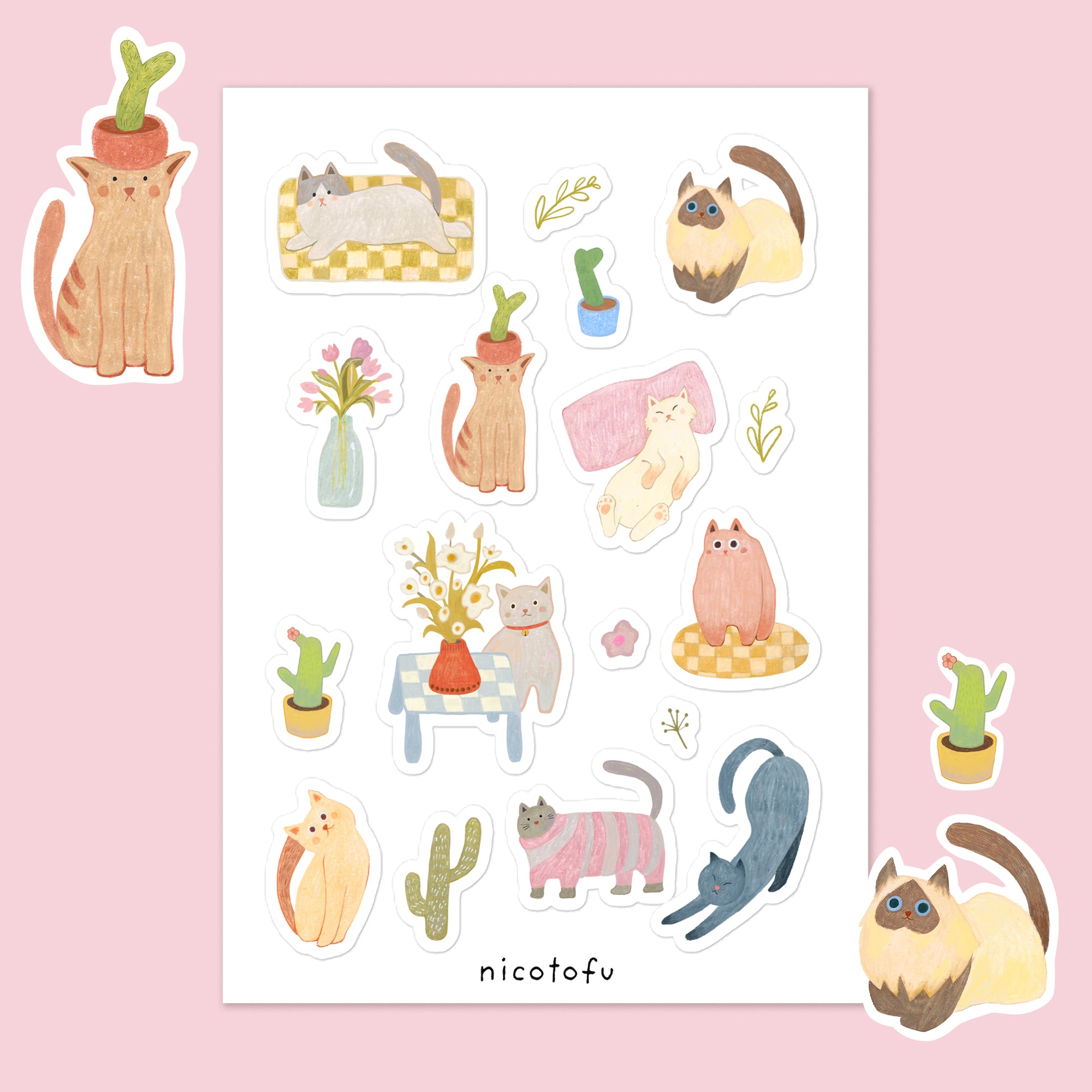 Cats & Botanicals Sticker Sheet | Illustrated Cat Stickers | Kawaii Cottagecore
