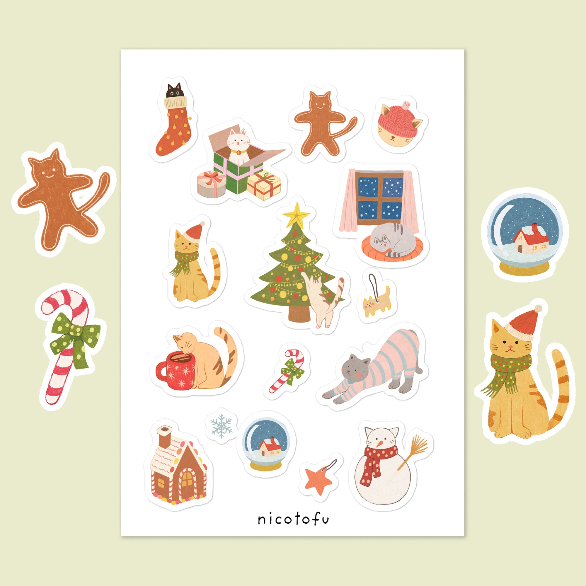Christmas Cats Sticker Sheet | Cosy Holiday Illustrated Stickers | Festive Winter Collection