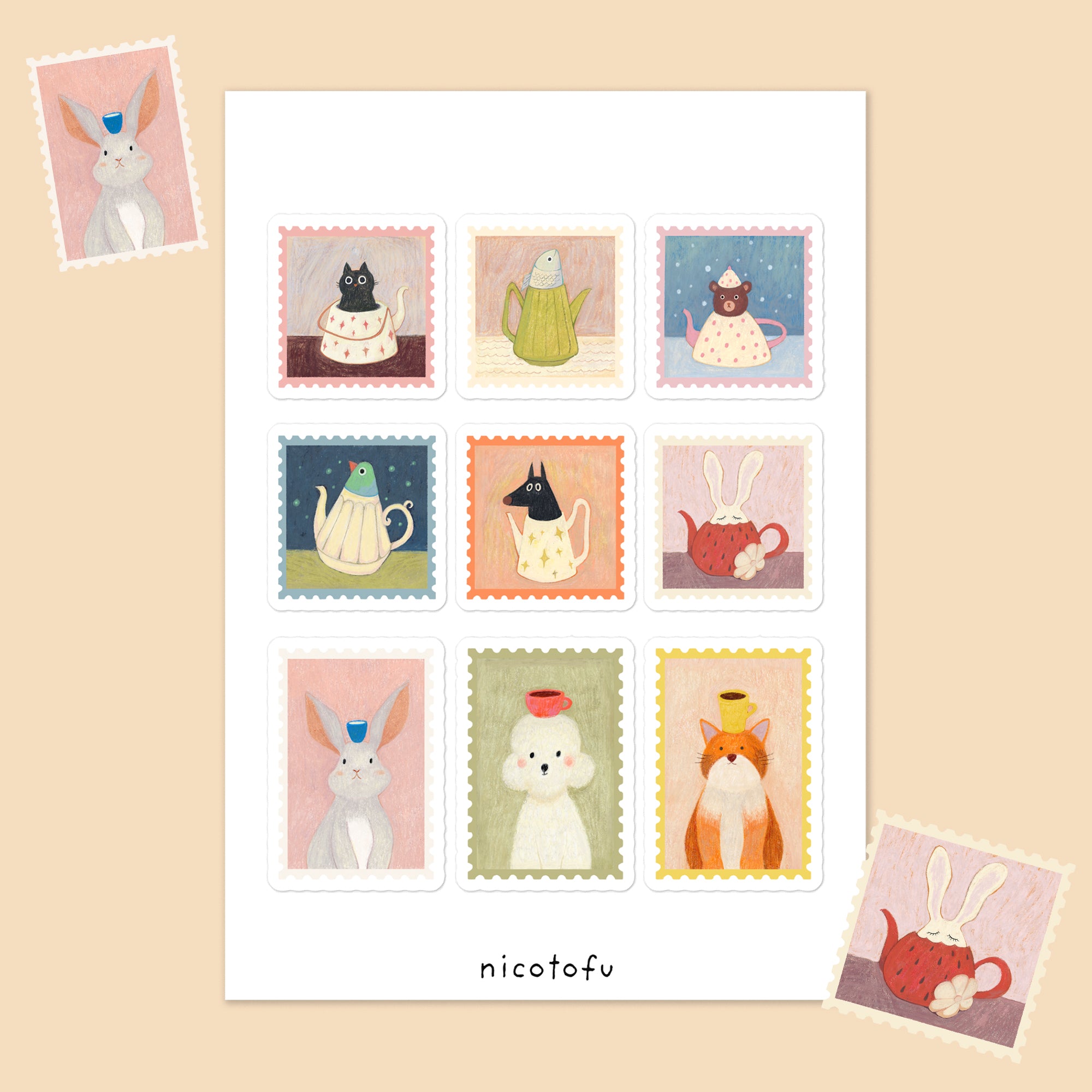 Teapot Friends Stamp Sticker Sheet: Vintage Animal Stamp Stickers | Illustrated Collectible Stickers