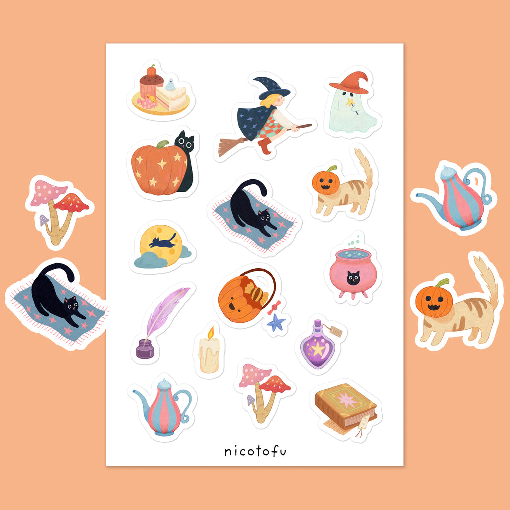 Witch's Cottage Sticker Sheet | Cosy Halloween Illustrated Stickers | Spooky Cute Autumn