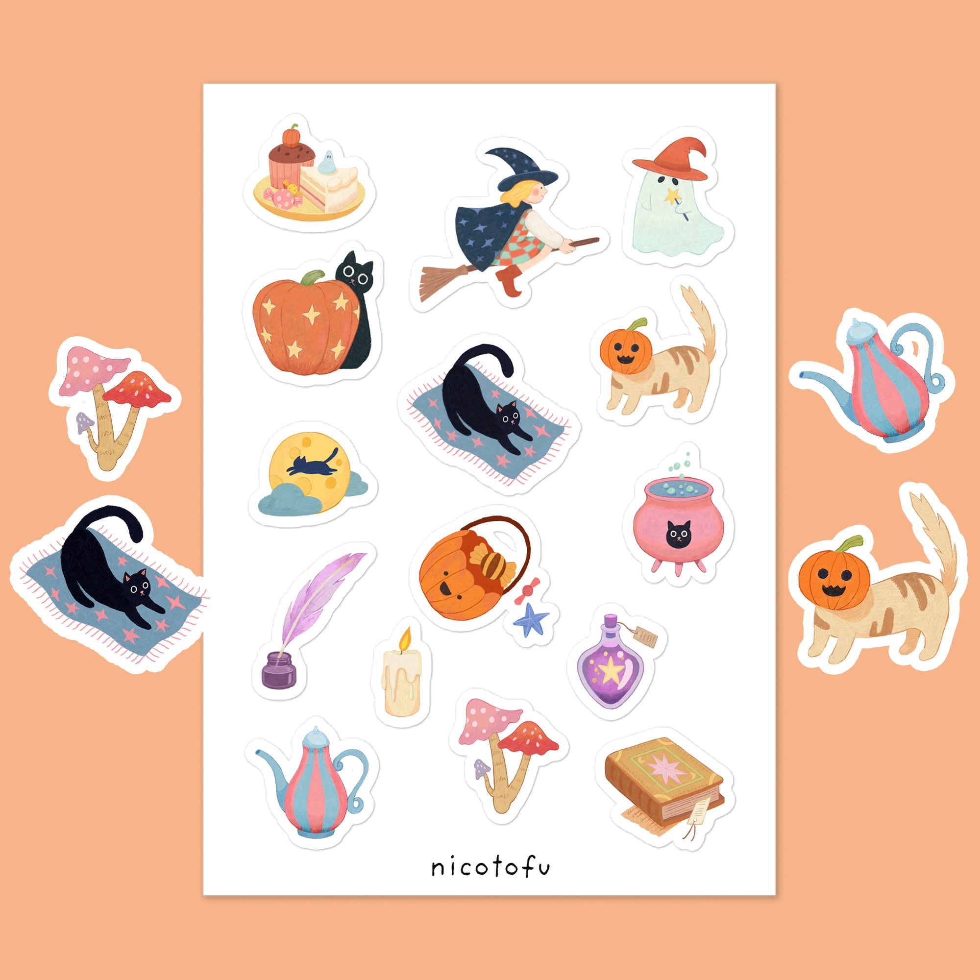 Witch's Cottage Sticker Sheet | Cosy Halloween Illustrated Stickers | Spooky Cute Autumn