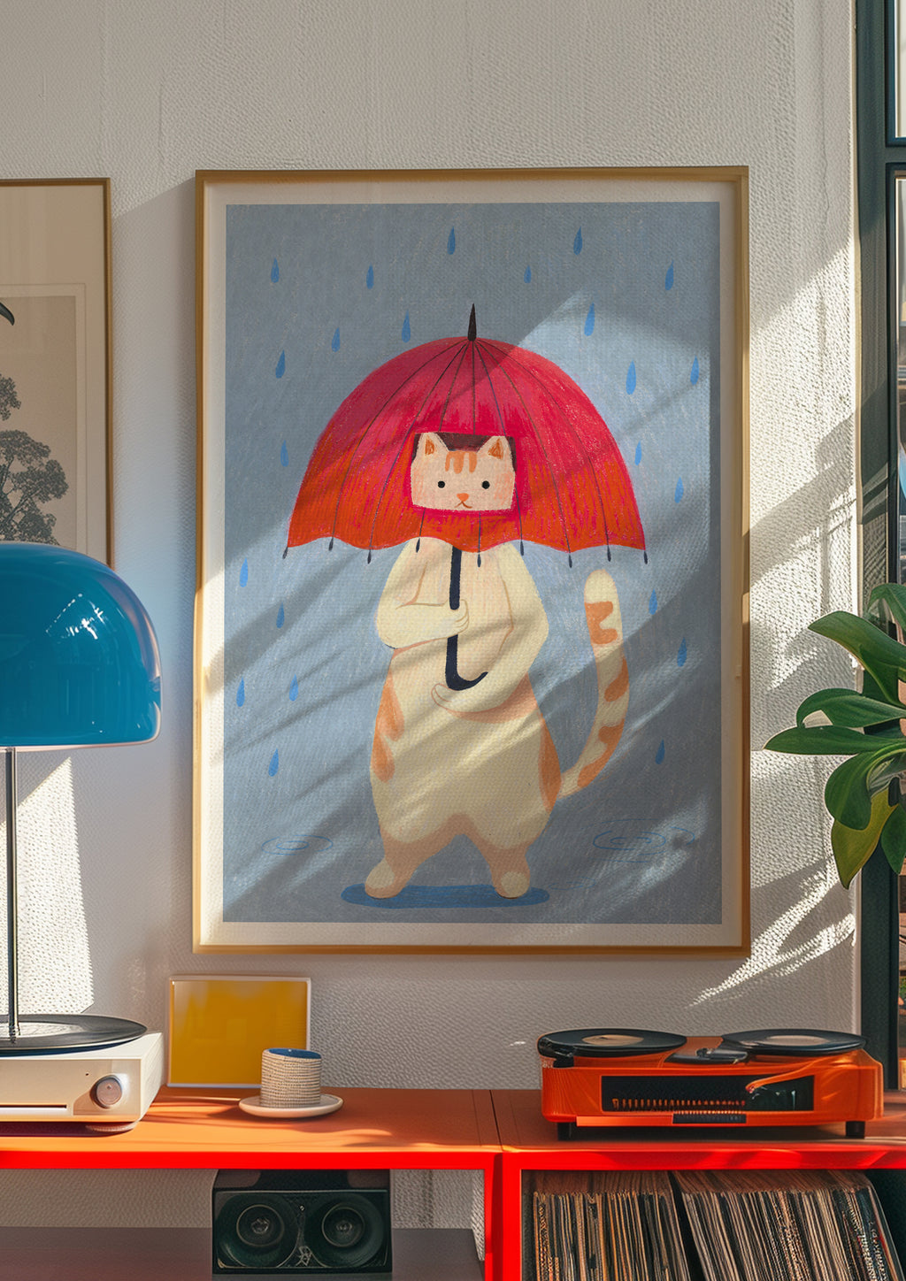 Rainy Day Cat Hand-Drawn Art Print | Nursery Gift