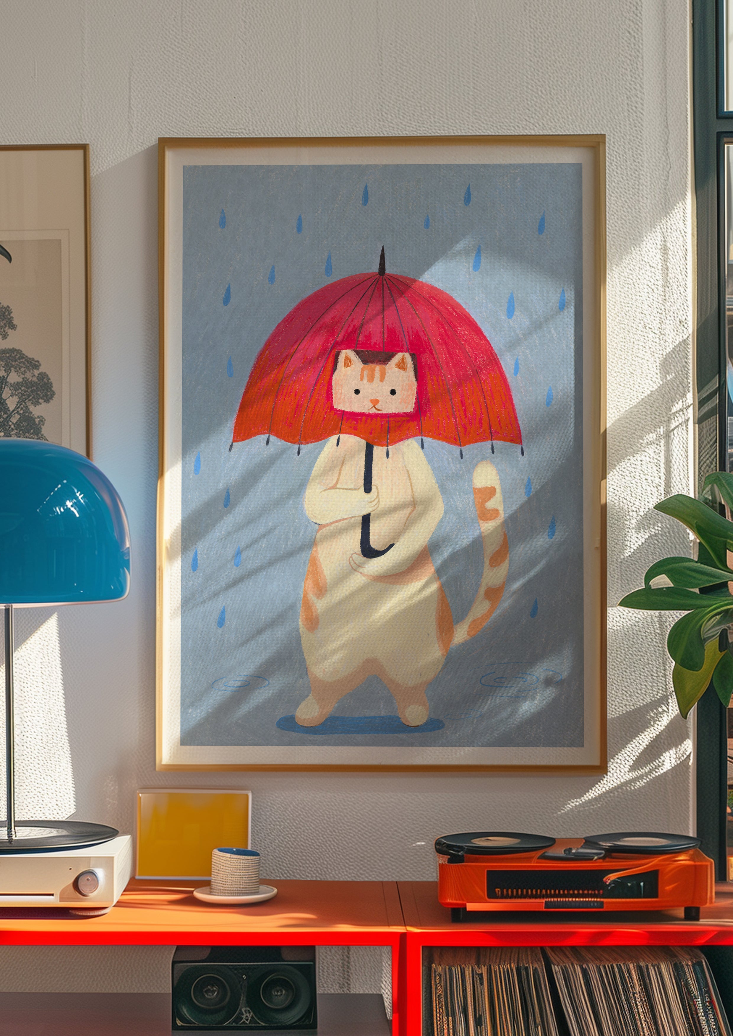 Rainy Day Cat Hand-Drawn Art Print | Nursery Gift