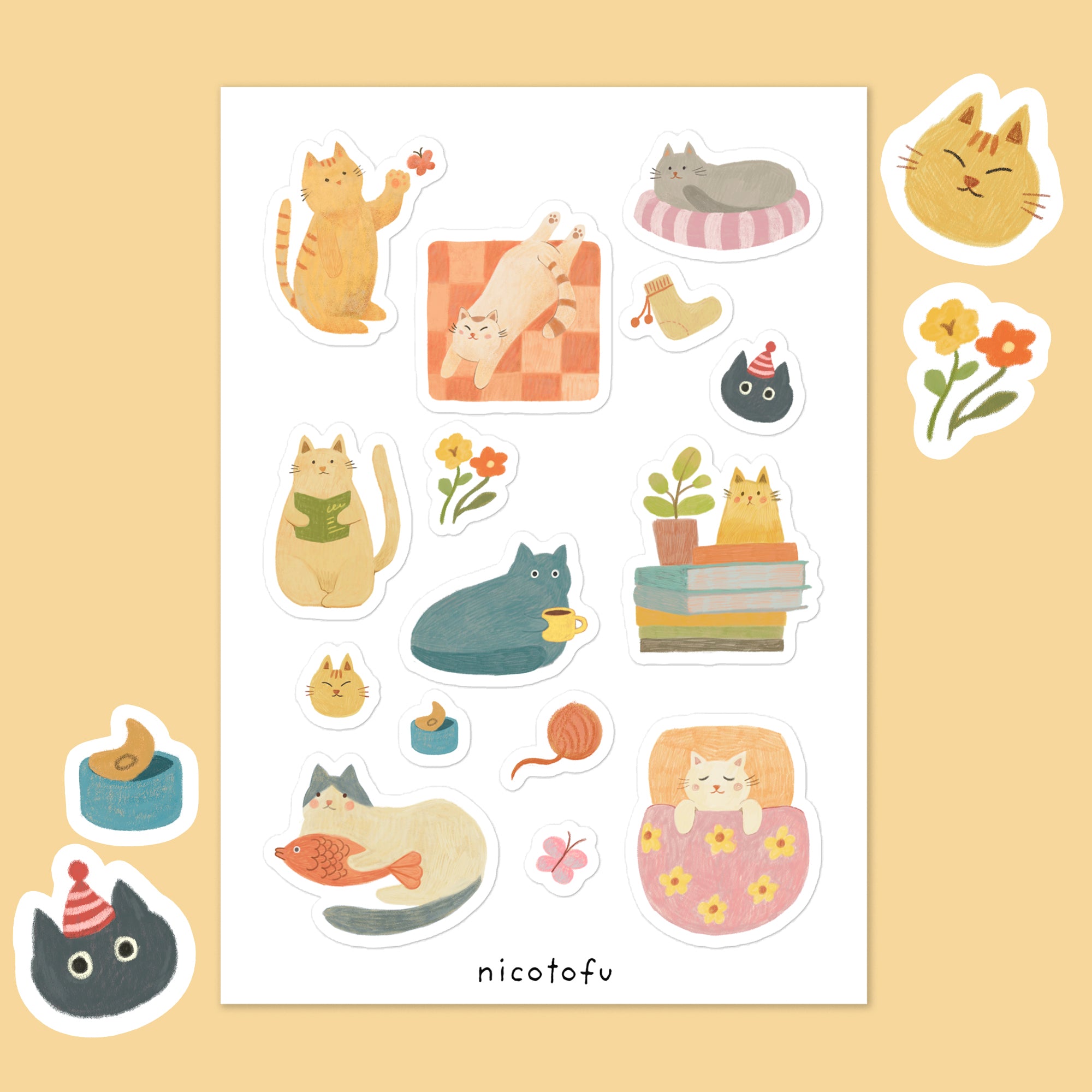 Cosy Cat Life Sticker Sheet: Illustrated Kawaii Cat Stickers | Cute Cottagecore Stickers