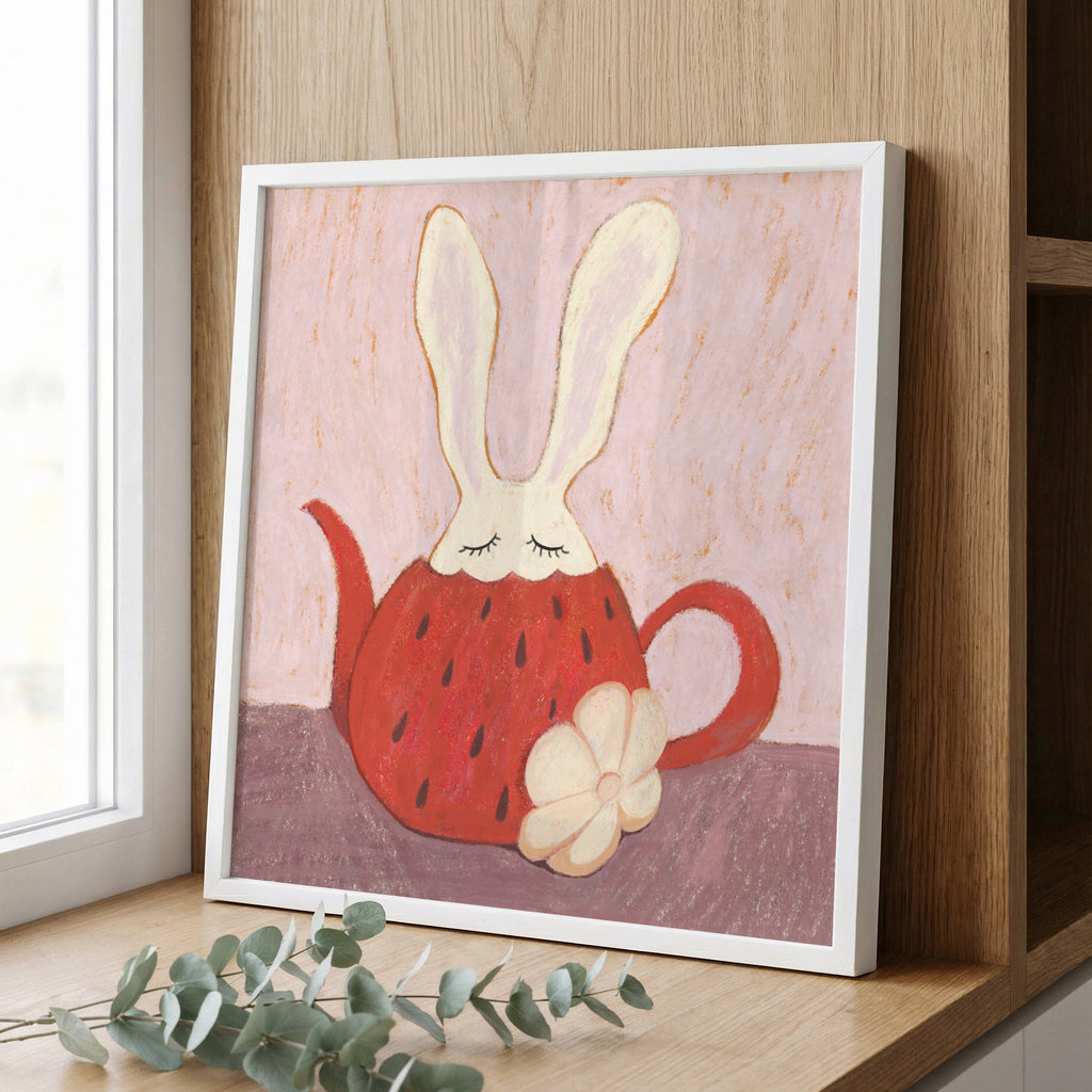 Sleepy Strawberry Bunny - Nursery Wall Art Print | Cute Coloured Pencil Illustration