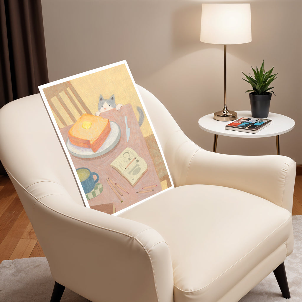 Curious Cat & Buttered Toast - Cozy Kitchen Art Print | Original Illustration