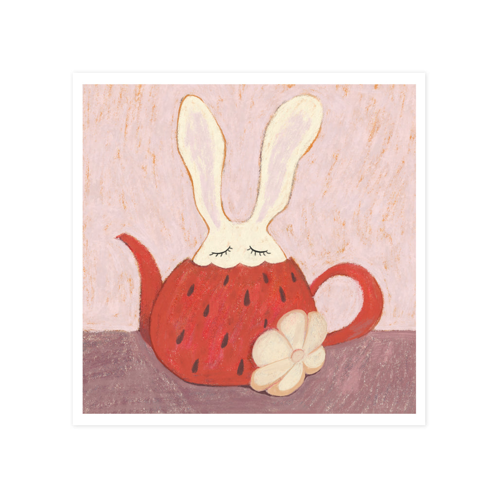 Sleepy Strawberry Bunny - Nursery Wall Art Print | Cute Coloured Pencil Illustration