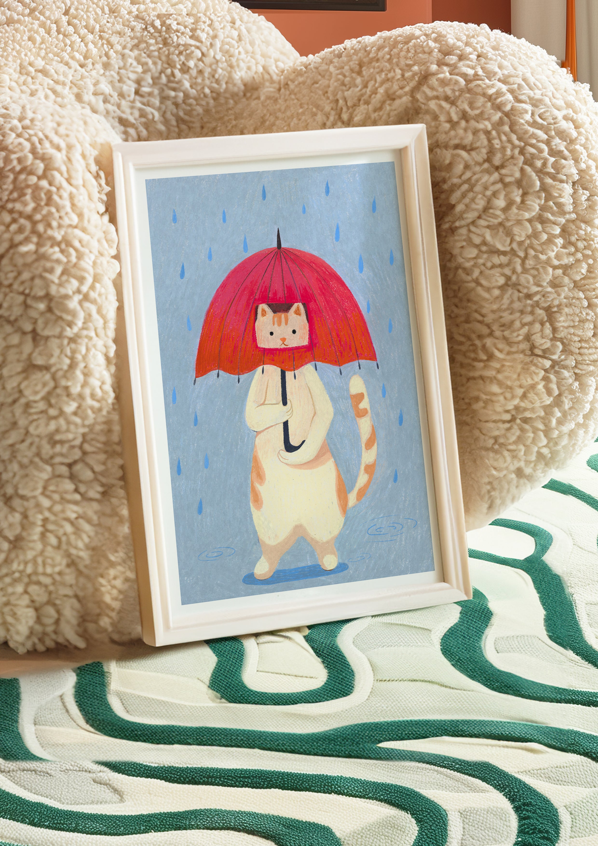 Rainy Day Cat Hand-Drawn Art Print | Nursery Gift