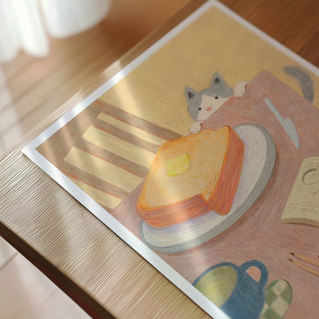 Curious Cat & Buttered Toast - Cozy Kitchen Art Print | Original Illustration