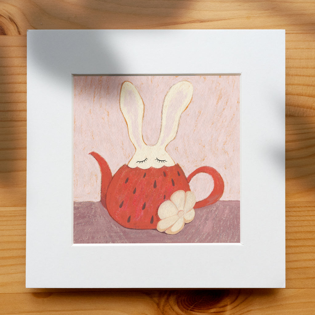 Sleepy Strawberry Bunny - Nursery Wall Art Print | Cute Coloured Pencil Illustration