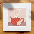 Sleepy Strawberry Bunny - Nursery Wall Art Print | Cute Coloured Pencil Illustration