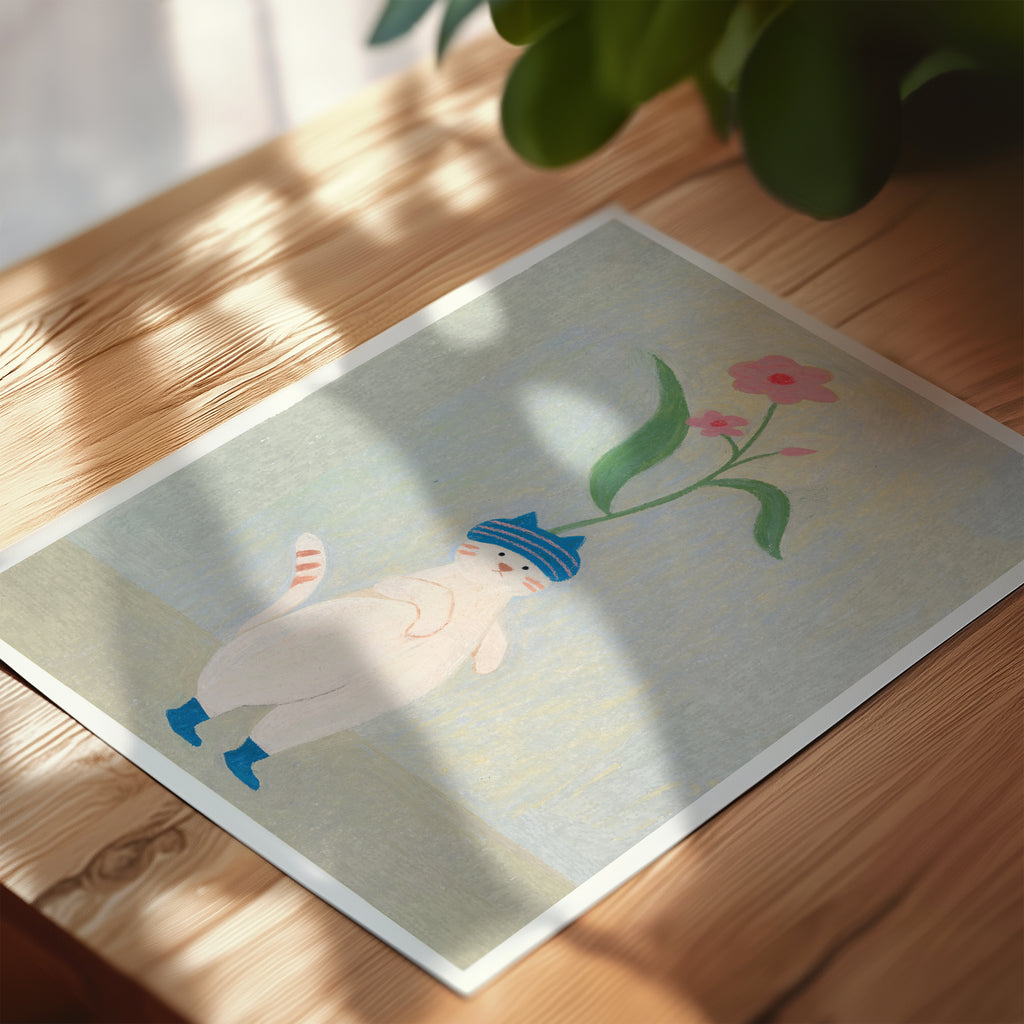 A Little Bloom - Whimsical Cat Art Print | Spring Nursery Gift