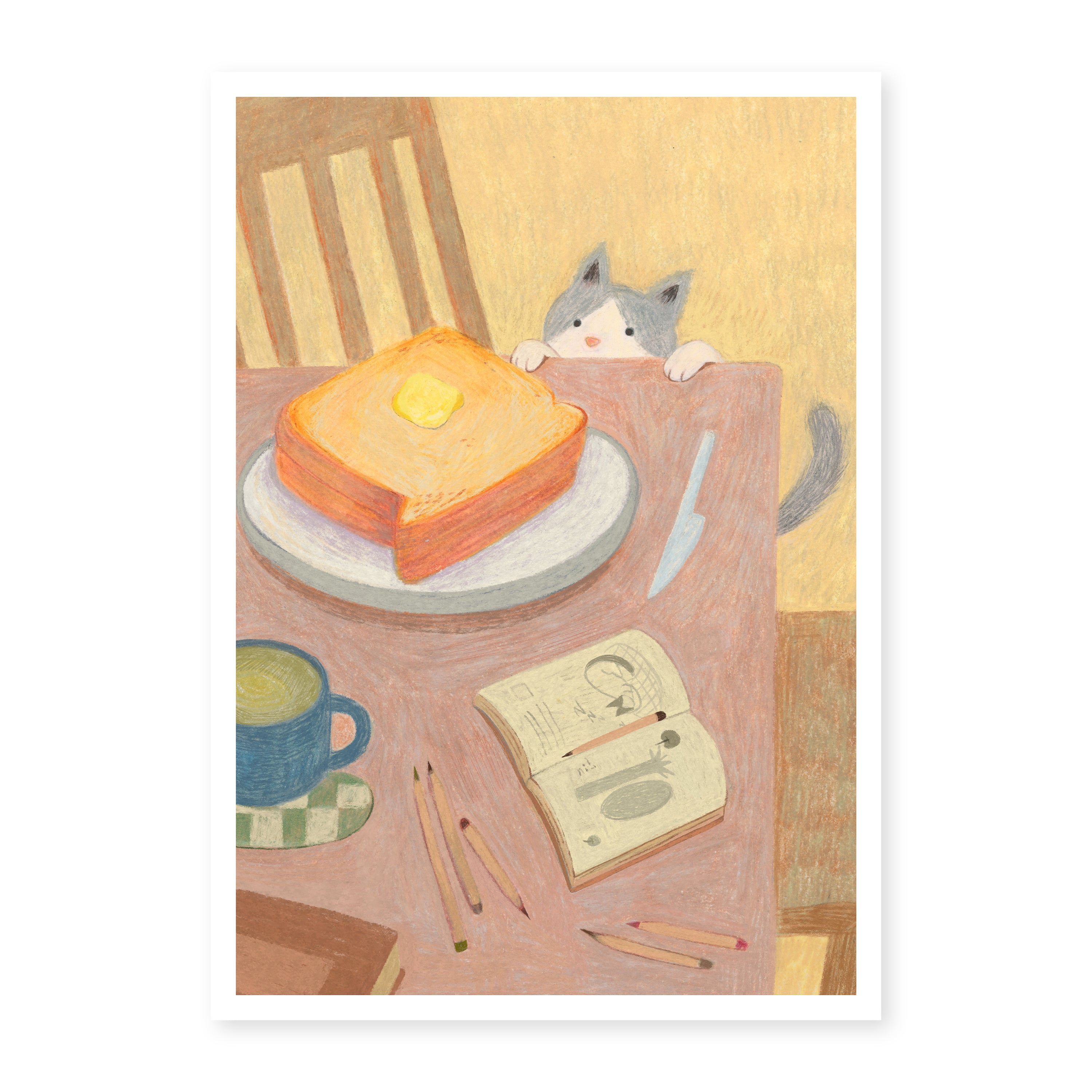 Curious Cat & Buttered Toast - Cozy Kitchen Art Print | Original Illustration
