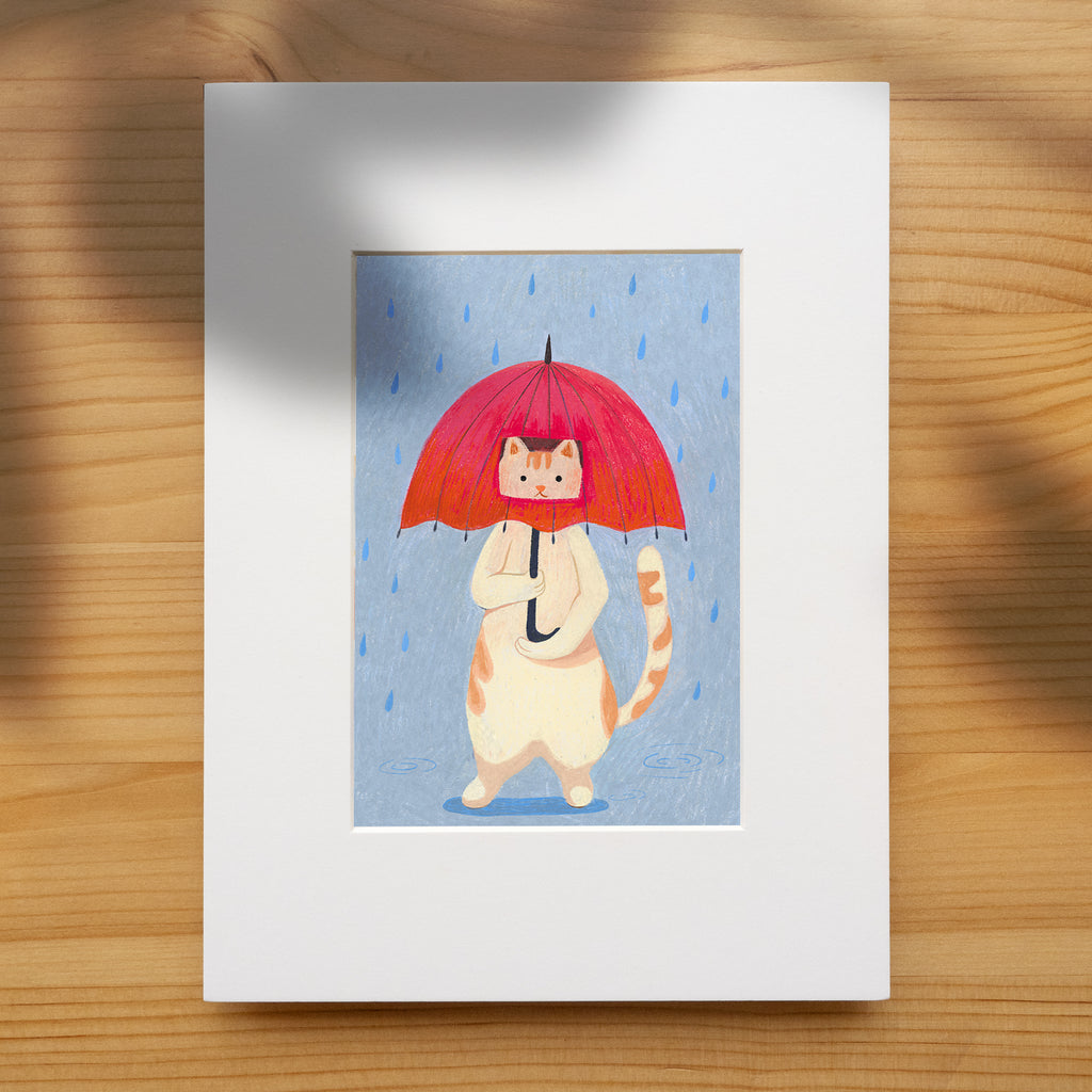 Rainy Day Cat Hand-Drawn Art Print | Nursery Gift