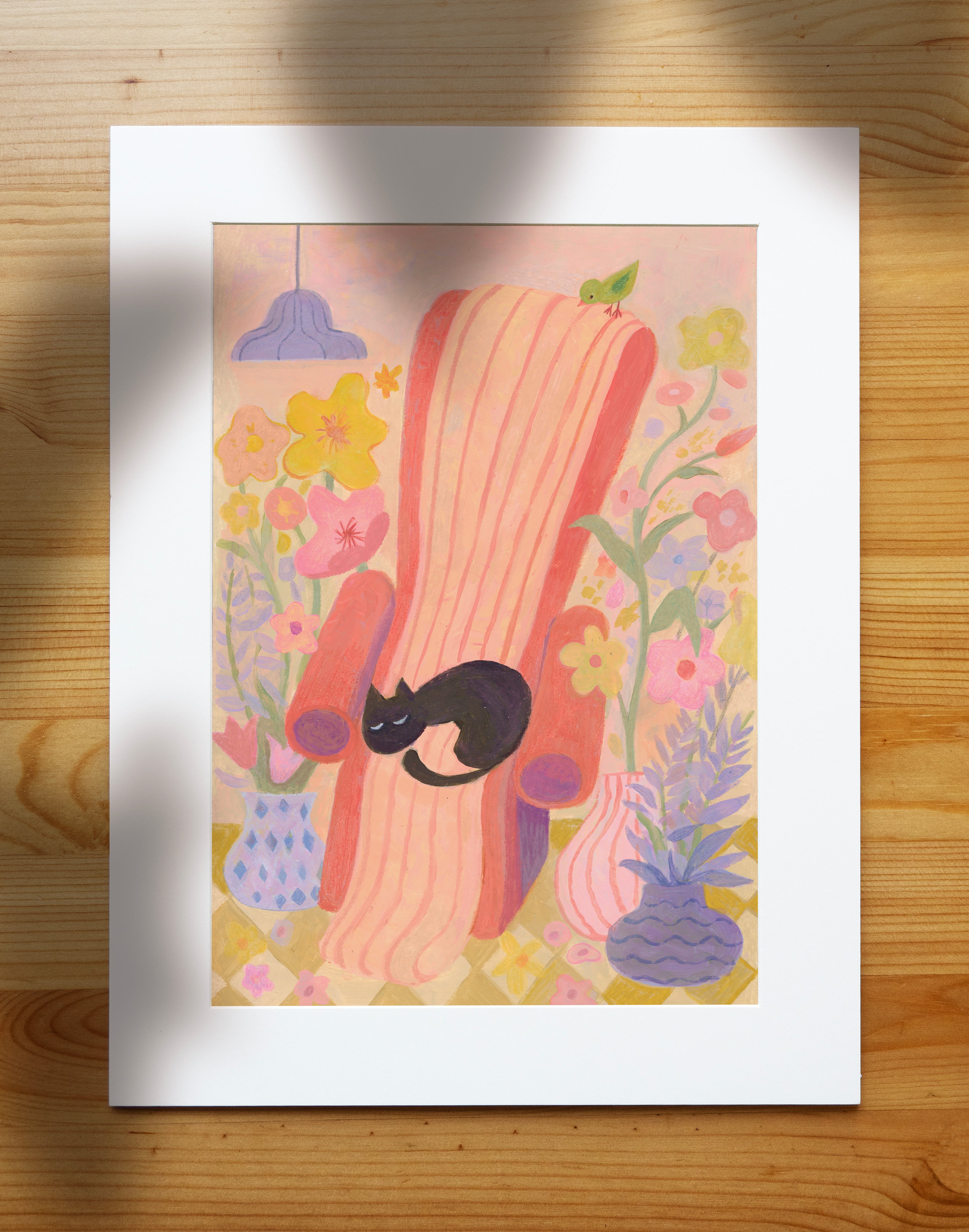 Dreaming in Bloom | Black Cat Napping Art Print | Cosy Floral Wall Art