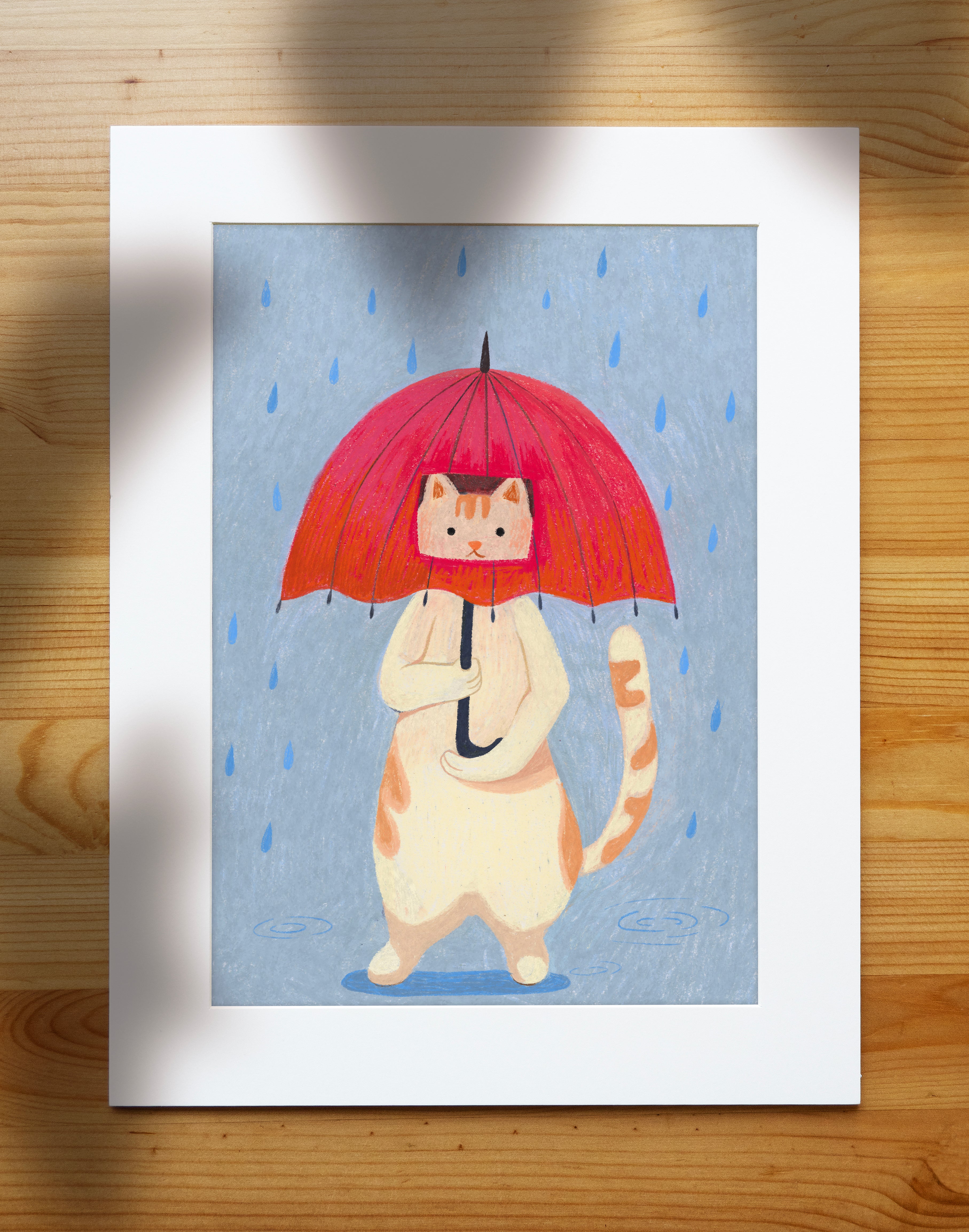 Rainy Day Cat Hand-Drawn Art Print | Nursery Gift