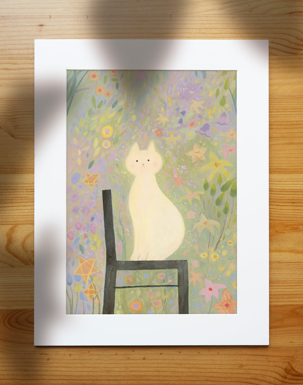 White Cat in the Garden | Dreamy Floral Wall Art