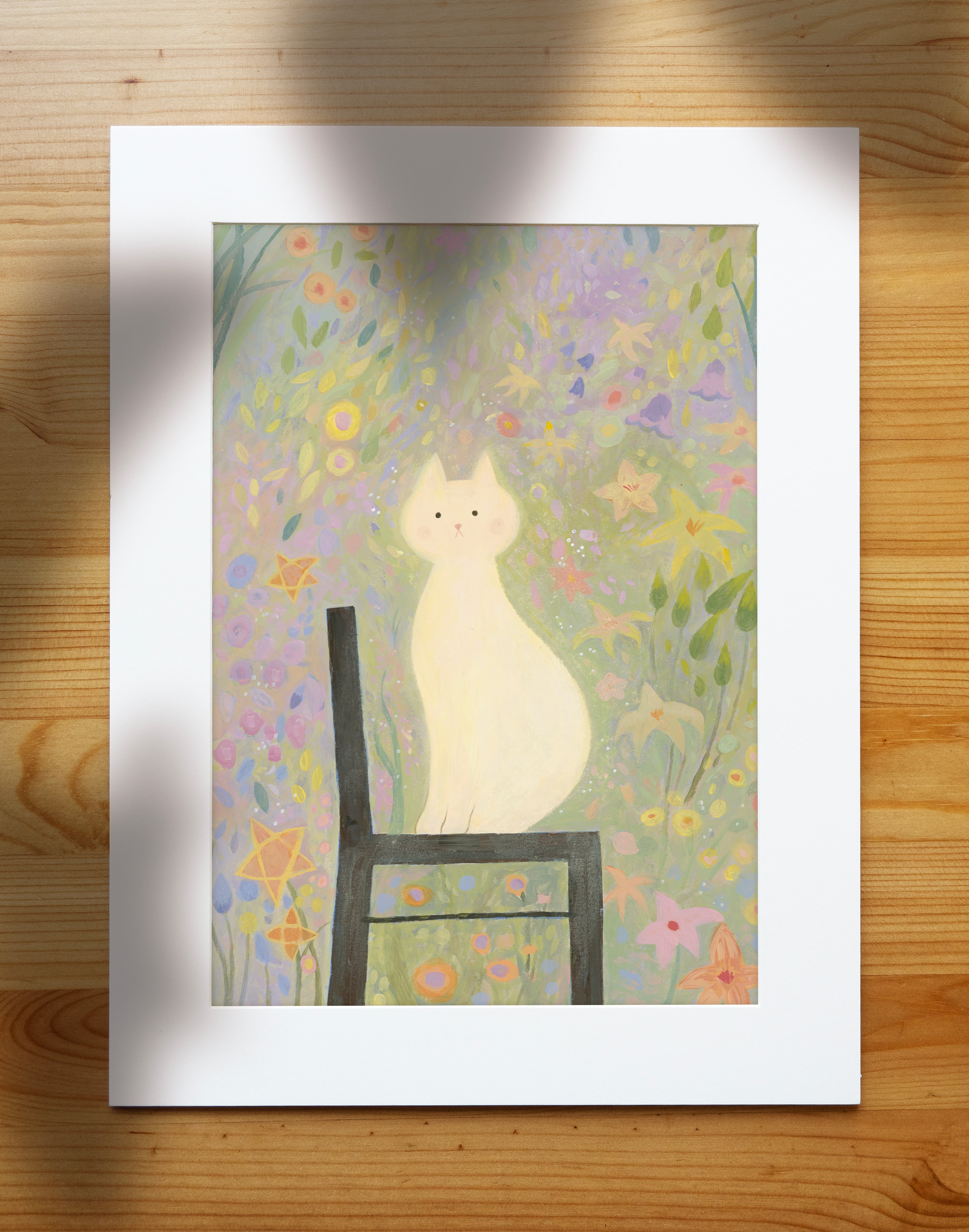 White Cat in the Garden | Dreamy Floral Wall Art