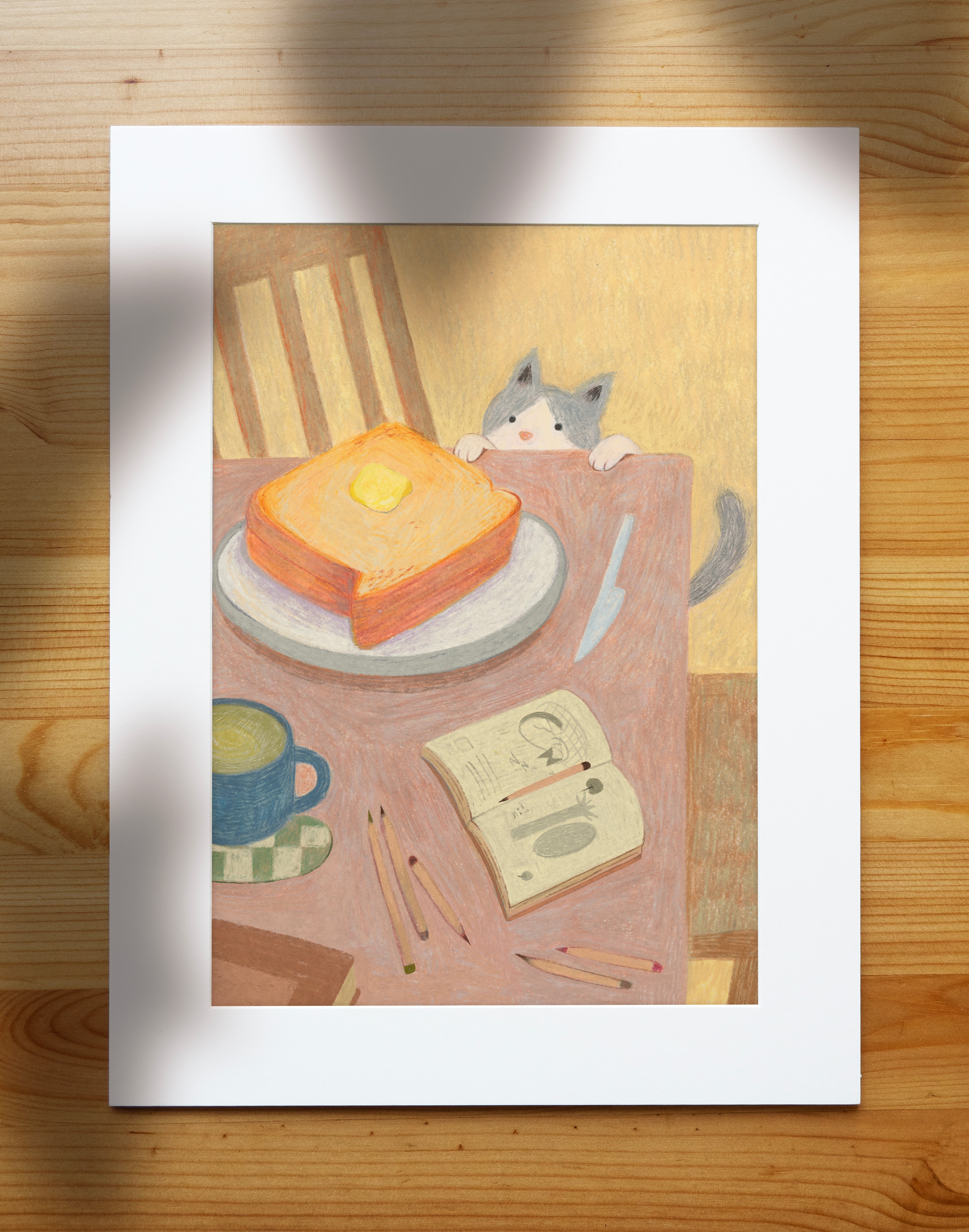 Curious Cat & Buttered Toast - Cozy Kitchen Art Print | Original Illustration