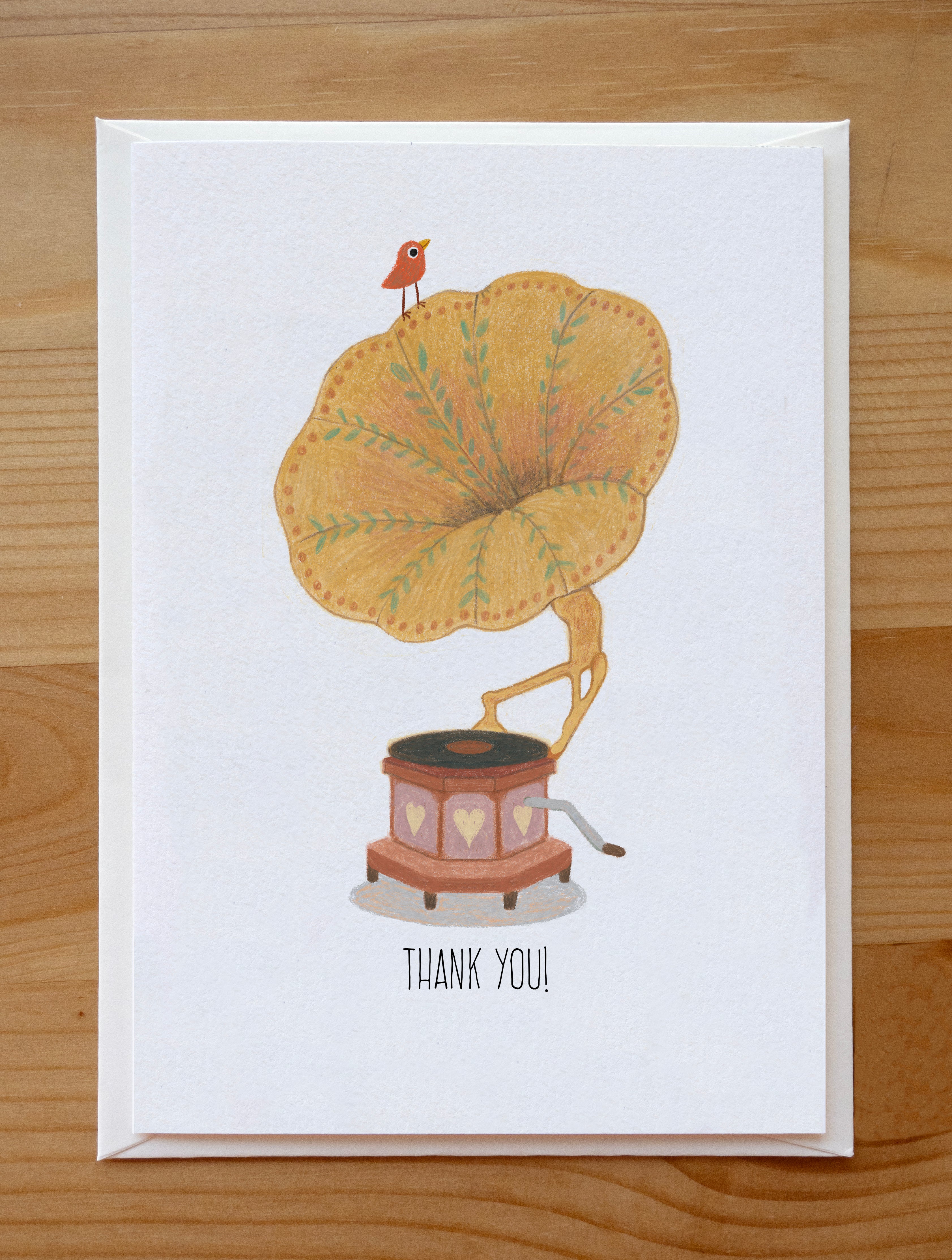 Whimsical Songbird & Gramophone Thank You Card | Illustrated Stationery