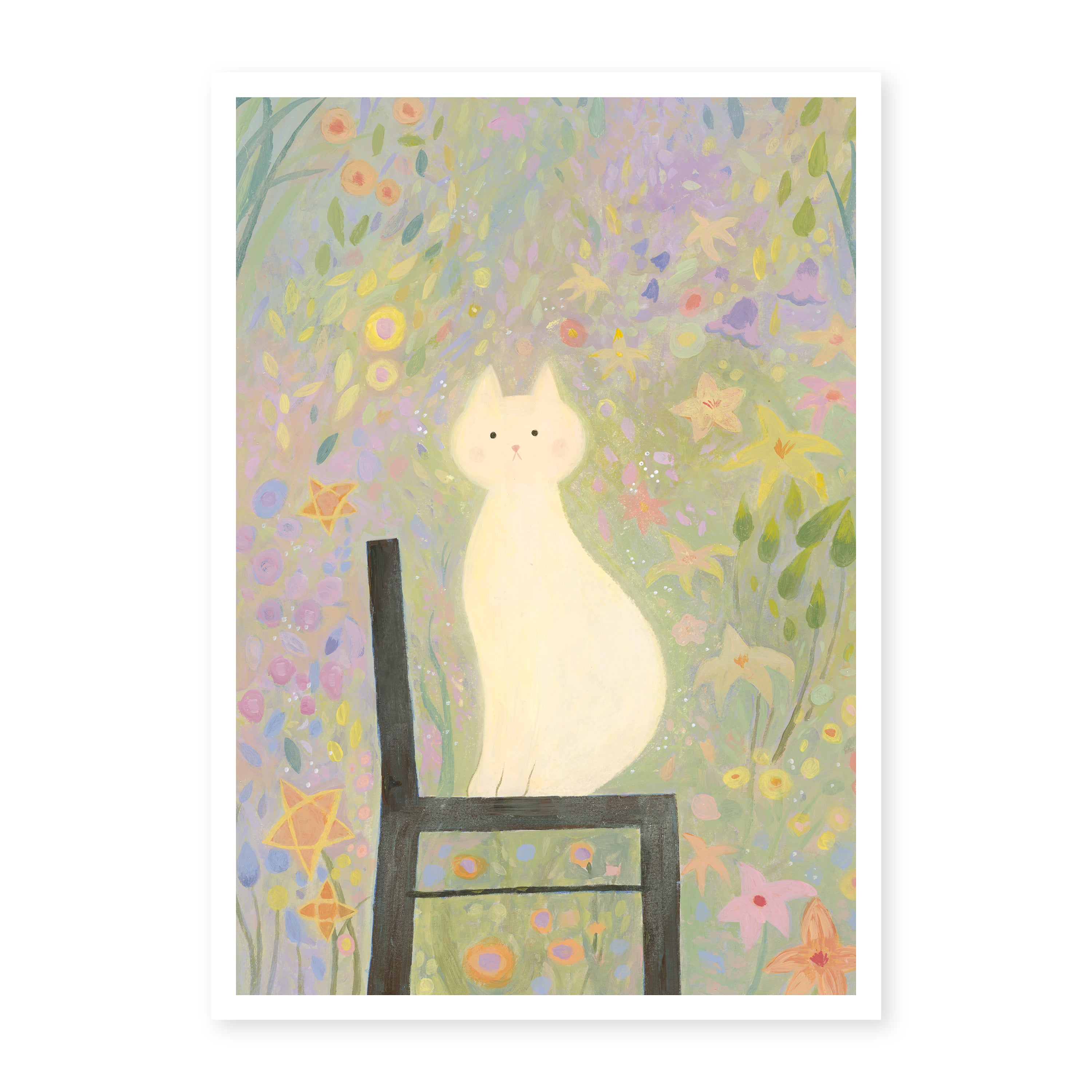 White Cat in the Garden | Dreamy Floral Wall Art